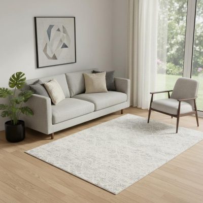 5′ X 8′ Ivory Distressed Ikat Area Rug