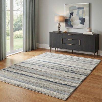 4′ X 6′ Blue And Beige Distressed Stripes Area Rug