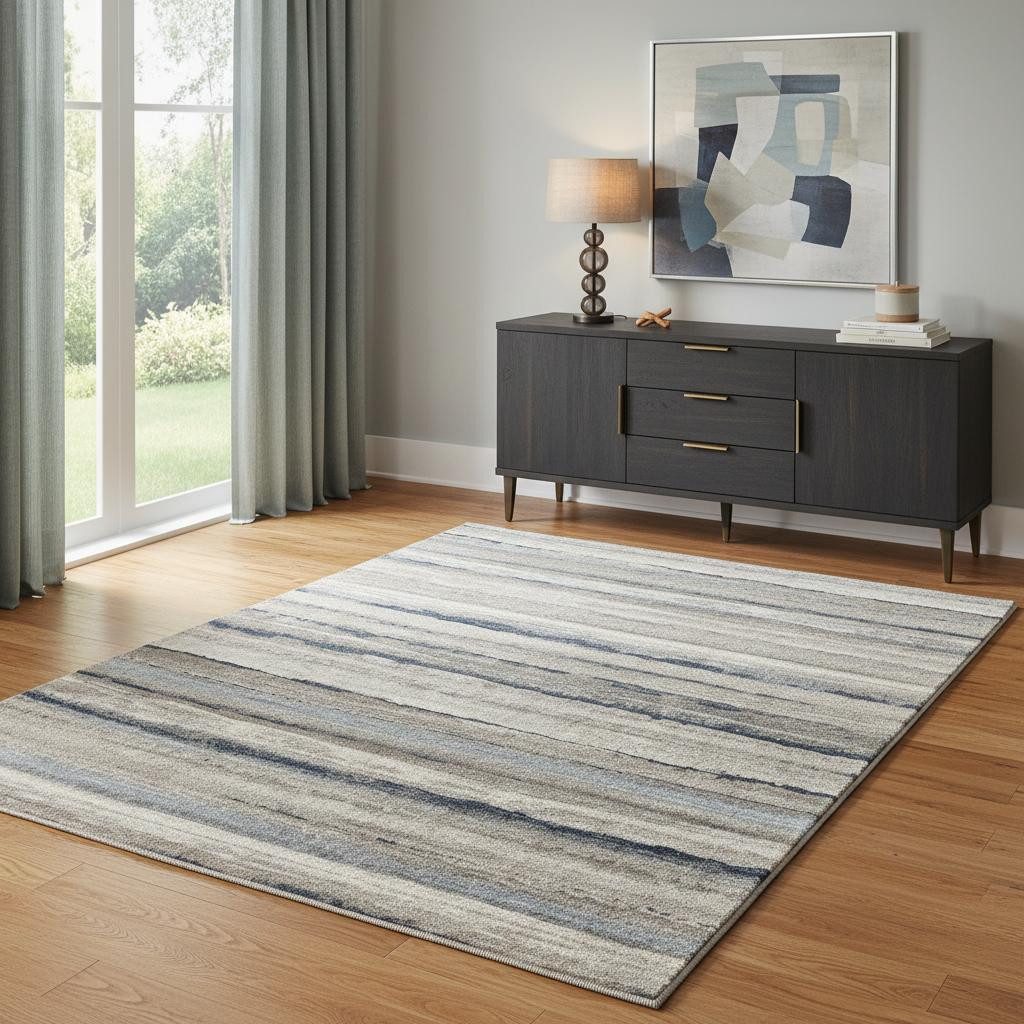 4′ X 6′ Blue And Beige Distressed Stripes Area Rug