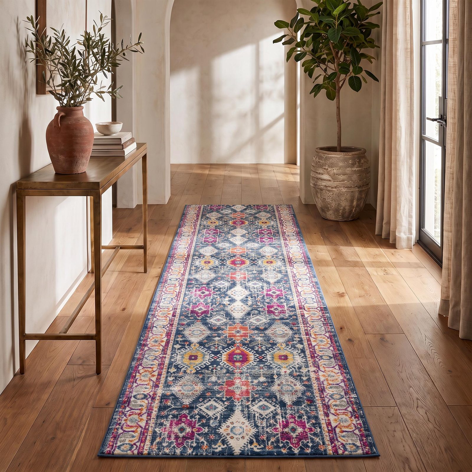 12′ Blue and Ivory Oriental Runner Rug