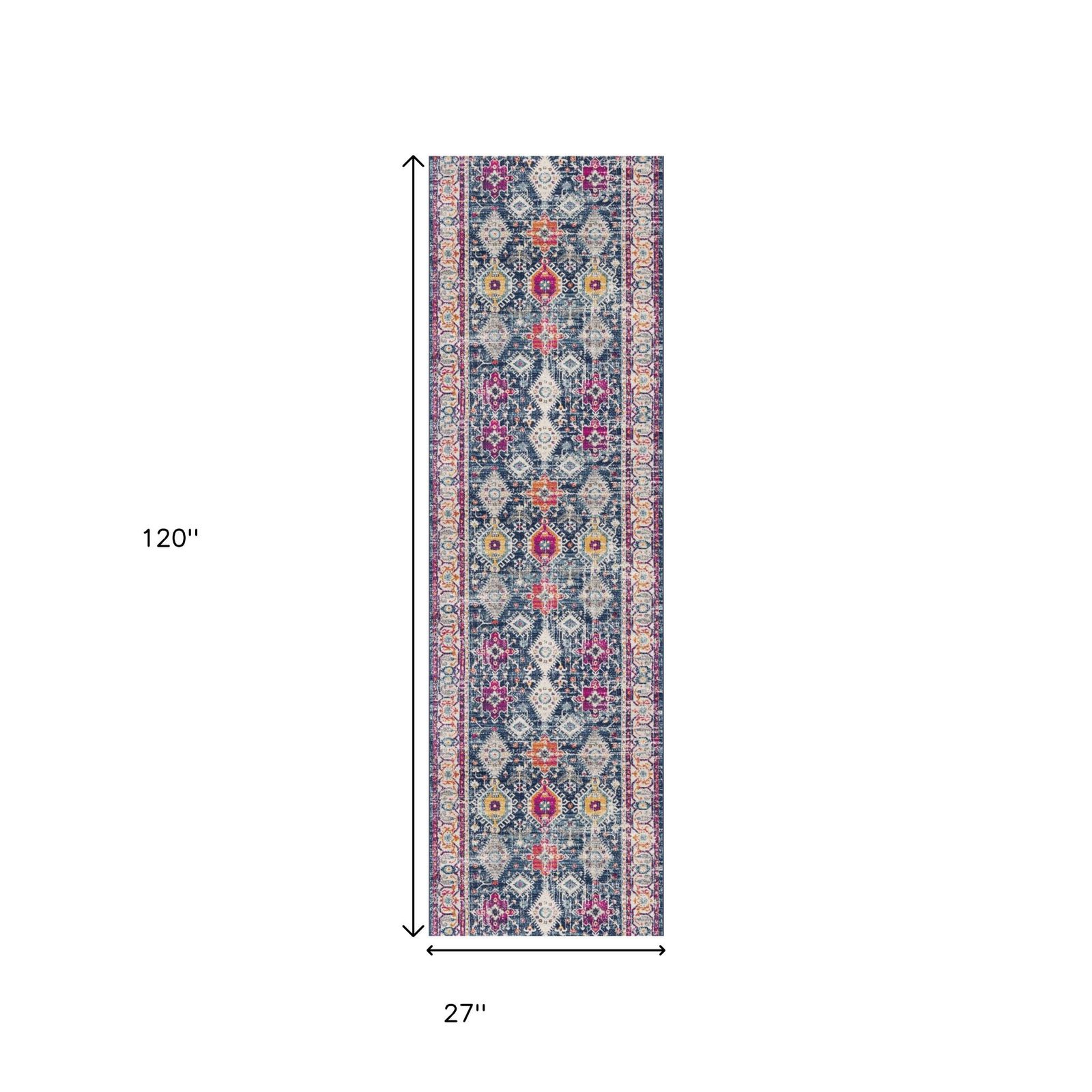 12′ Blue and Ivory Oriental Runner Rug