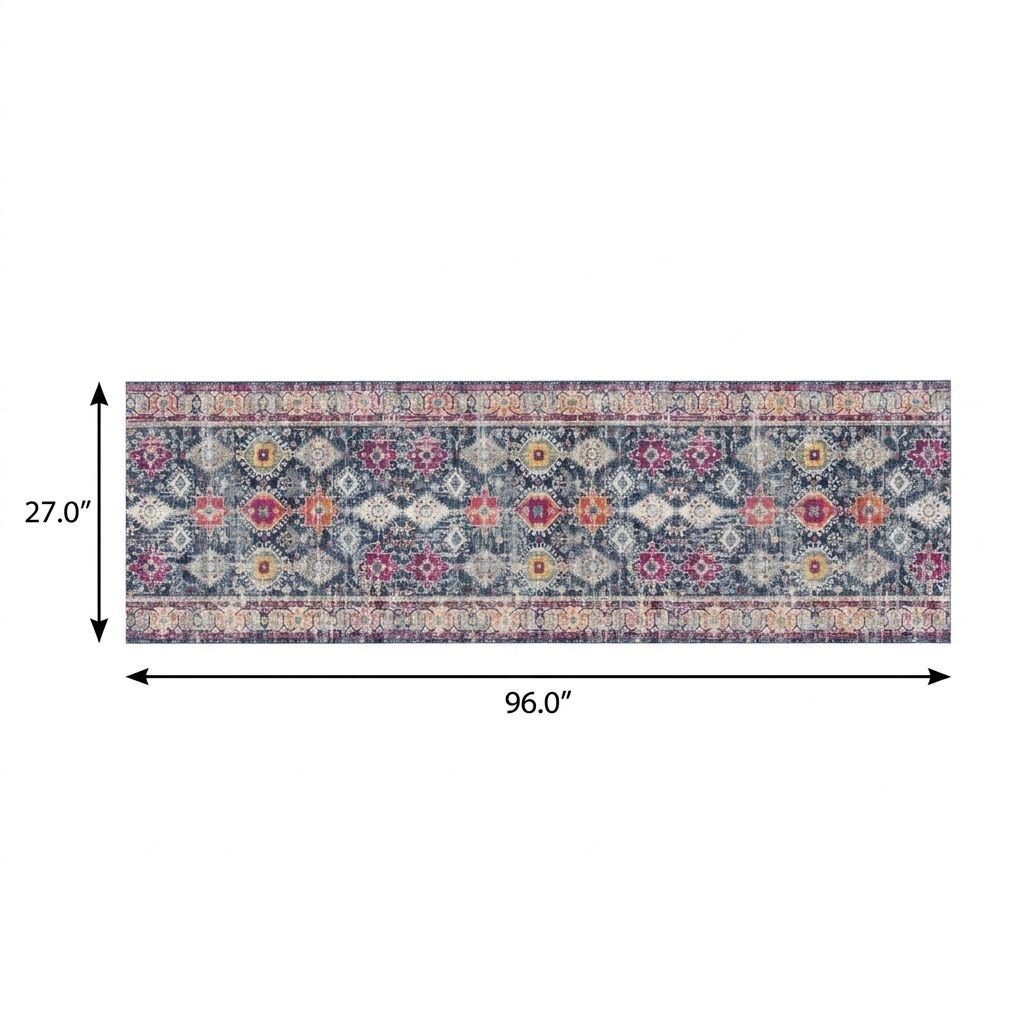 8′ Blue and Ivory Oriental Runner Rug