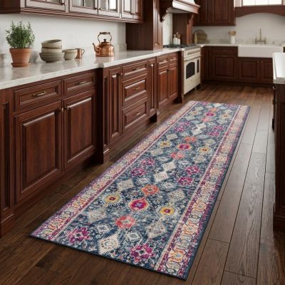 8′ Blue and Ivory Oriental Runner Rug