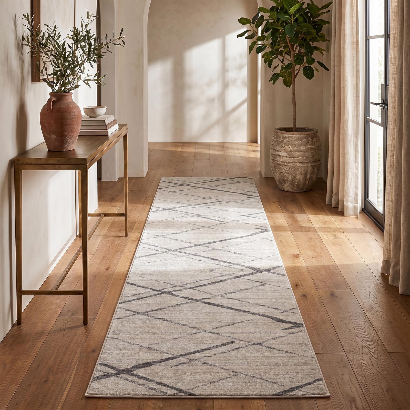 Gray and Ivory Modern Geometric Polypropylene Area Rug, 20′ Runner
