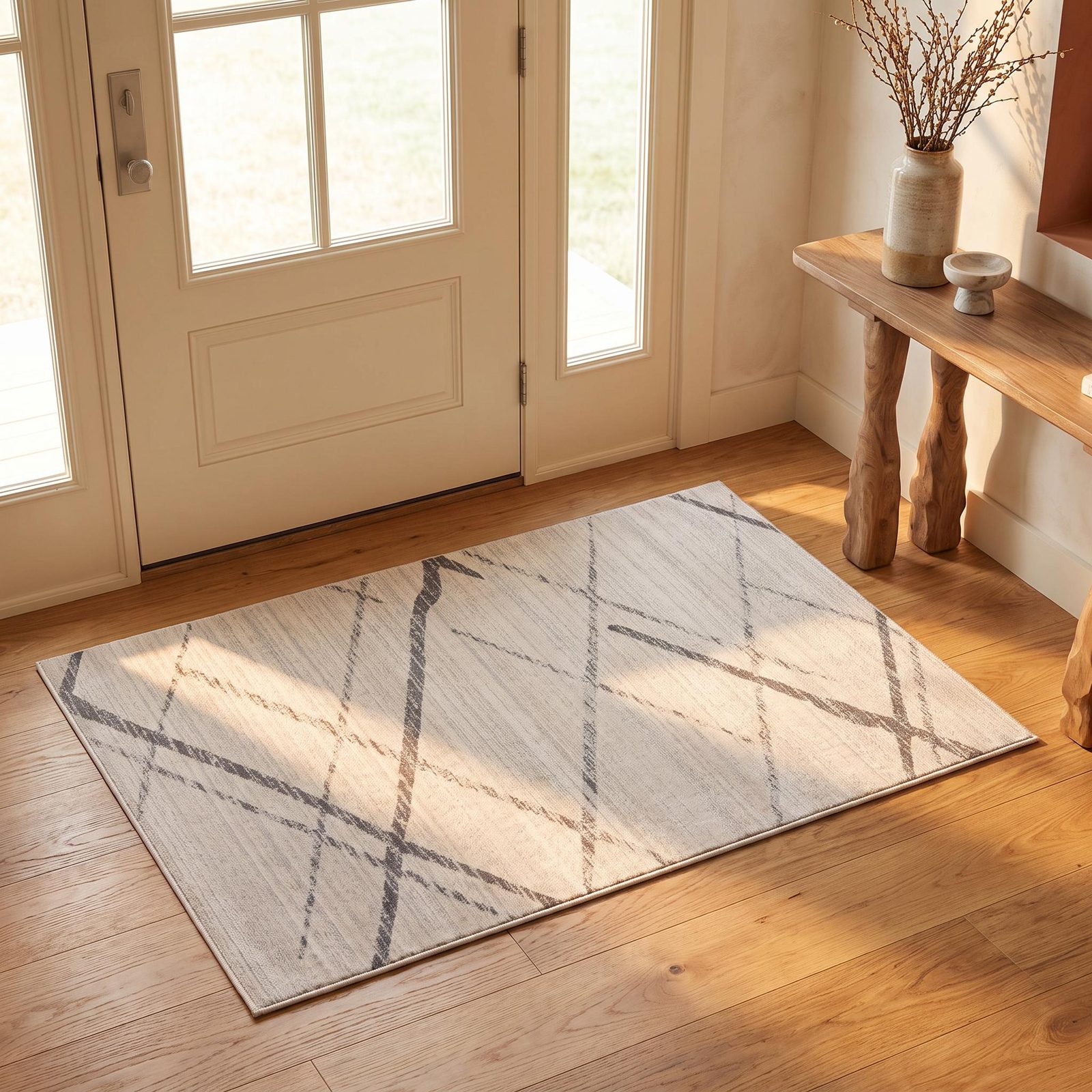 Gray and Ivory Modern Geometric Polypropylene Area Rug, 2′ × 4′