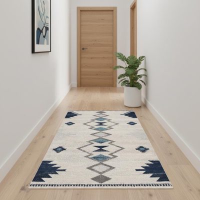 10′ Blue and Ivory Southwestern Runner Rug