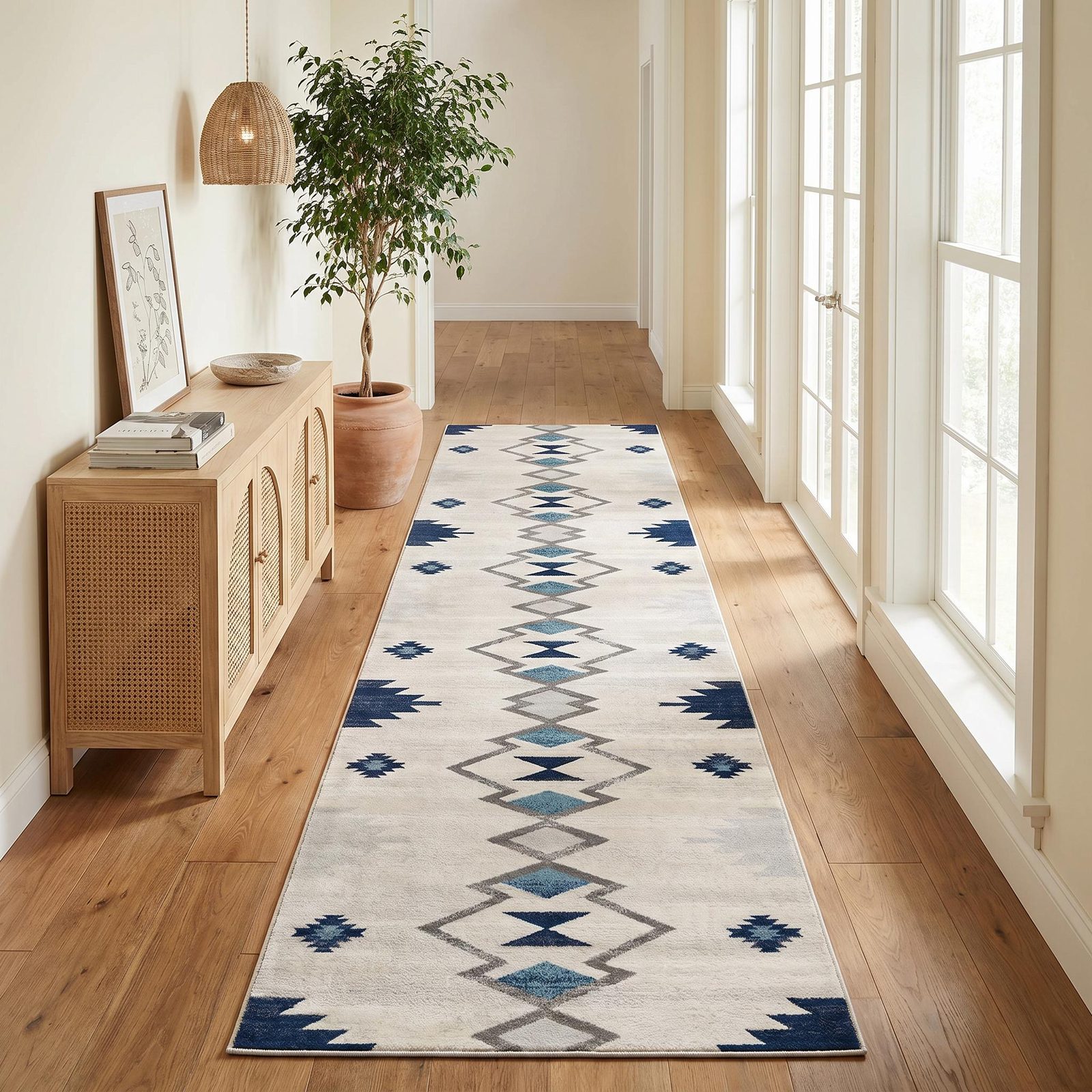 8′ Blue and Ivory Southwestern Runner Rug