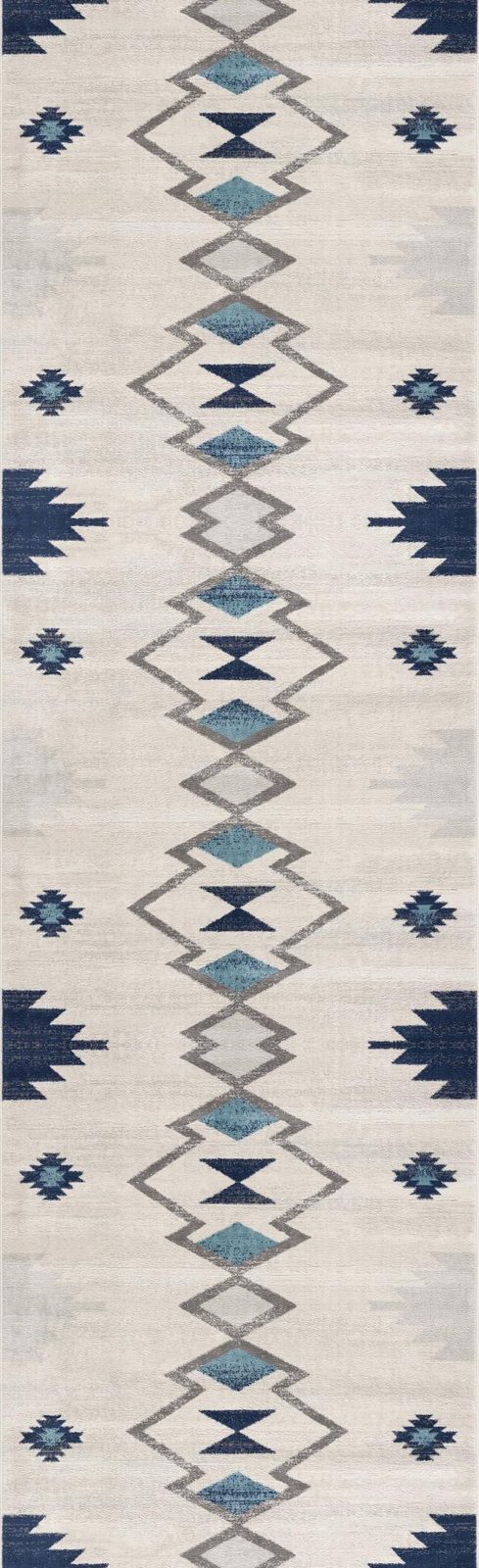 8′ Blue and Ivory Southwestern Runner Rug