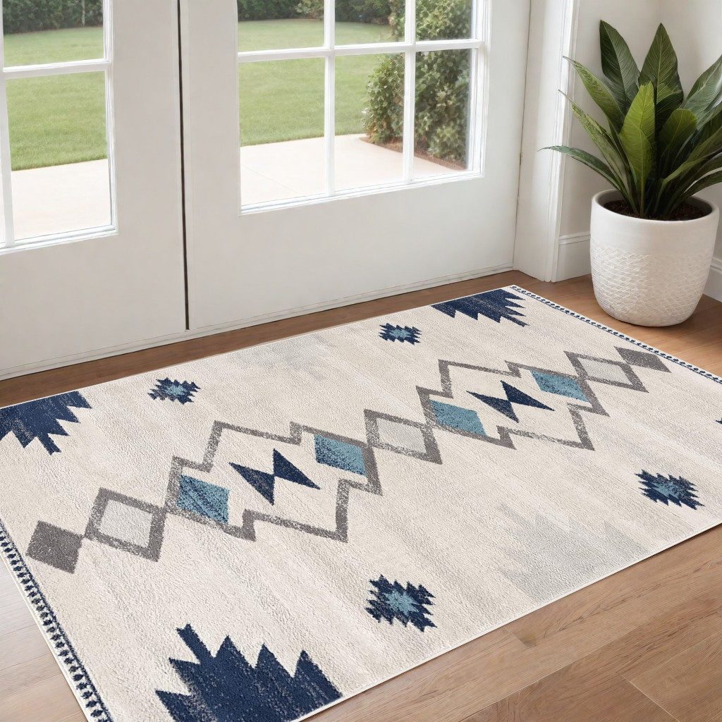 3′ X 5′ Blue and Ivory Southwestern Area Rug