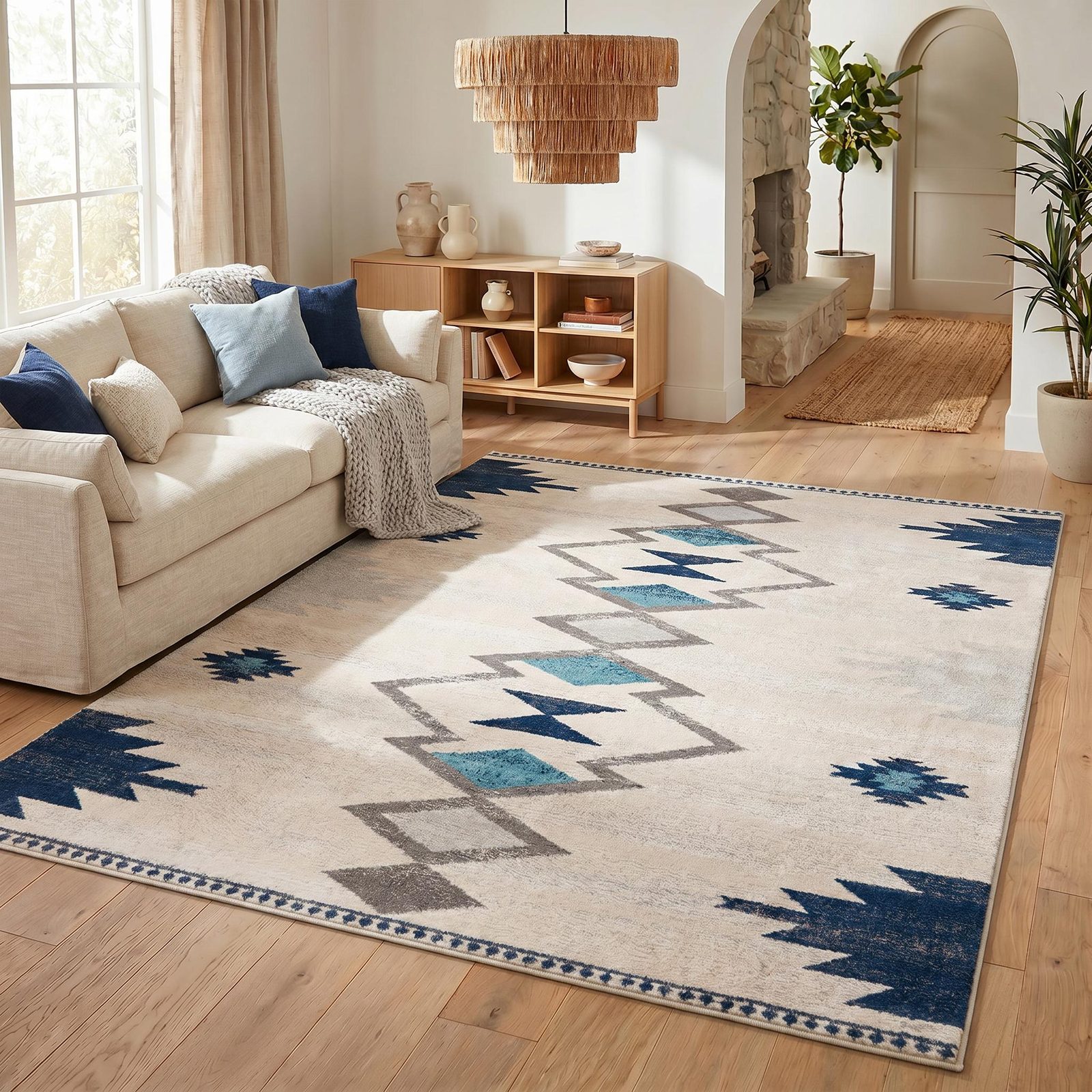 4′ X 6′ Blue and Ivory Southwestern Area Rug