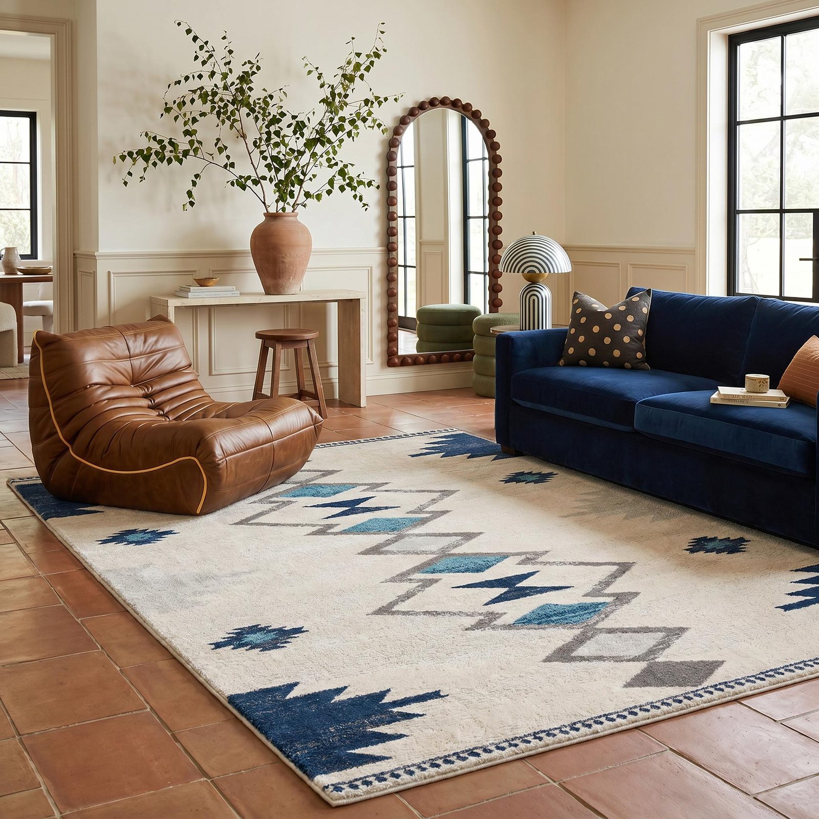 5′ X 7′ Blue and Ivory Southwestern Area Rug