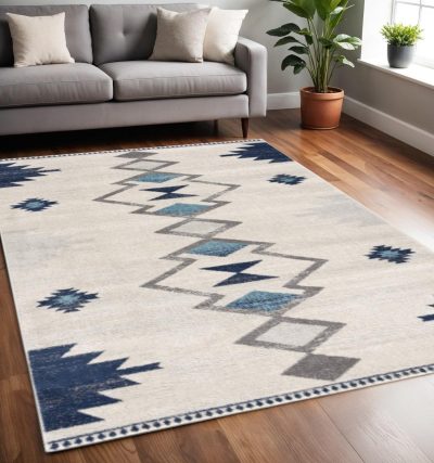 5′ X 7′ Blue and Ivory Southwestern Area Rug