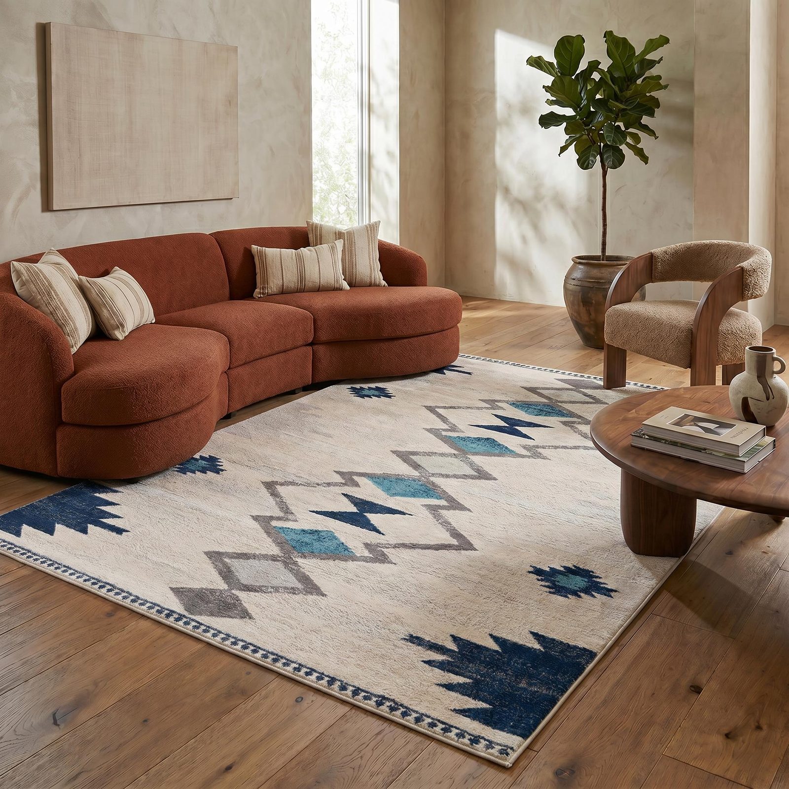 6′ X 9′ Blue and Ivory Southwestern Area Rug
