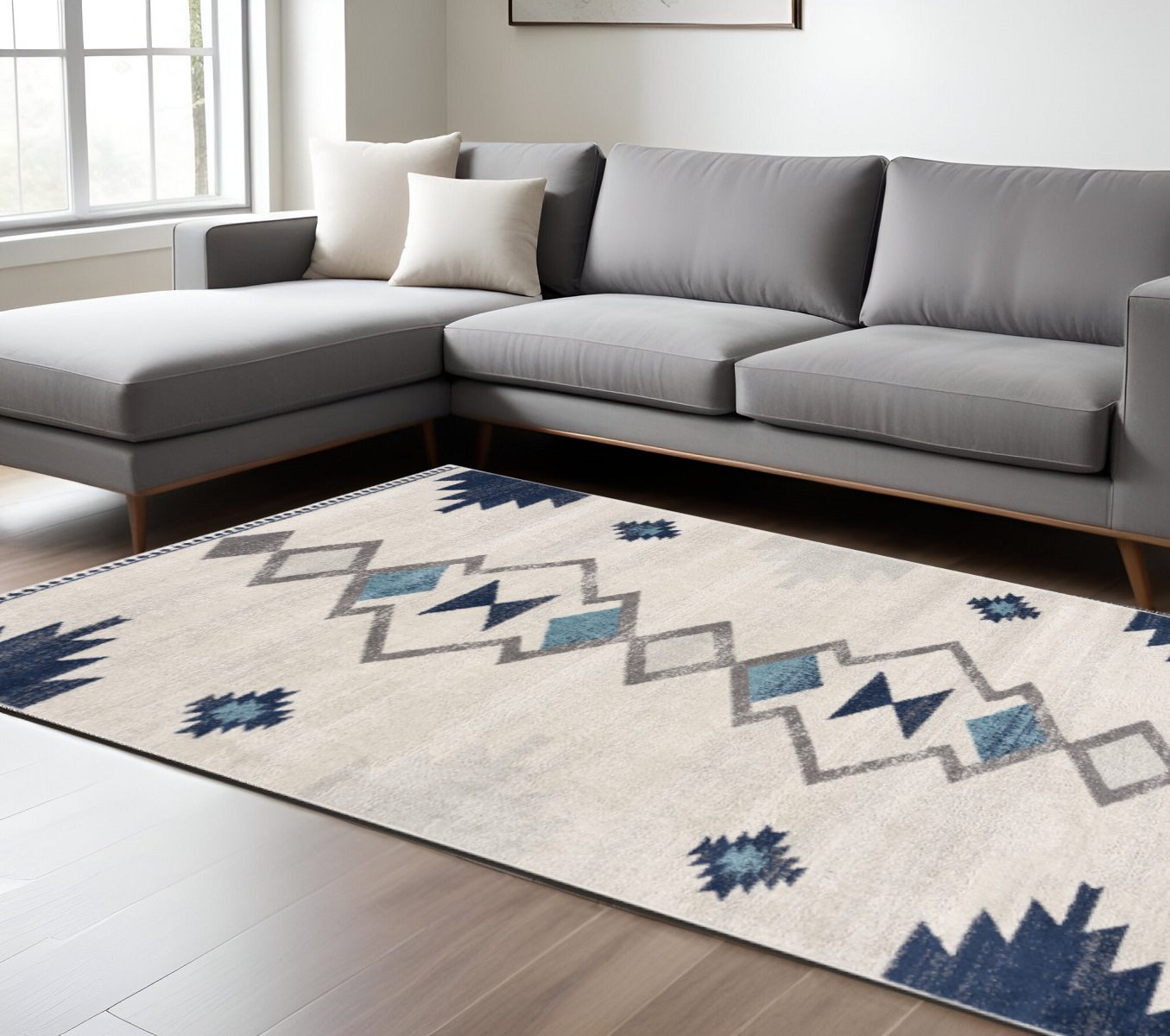 6′ X 9′ Blue and Ivory Southwestern Area Rug