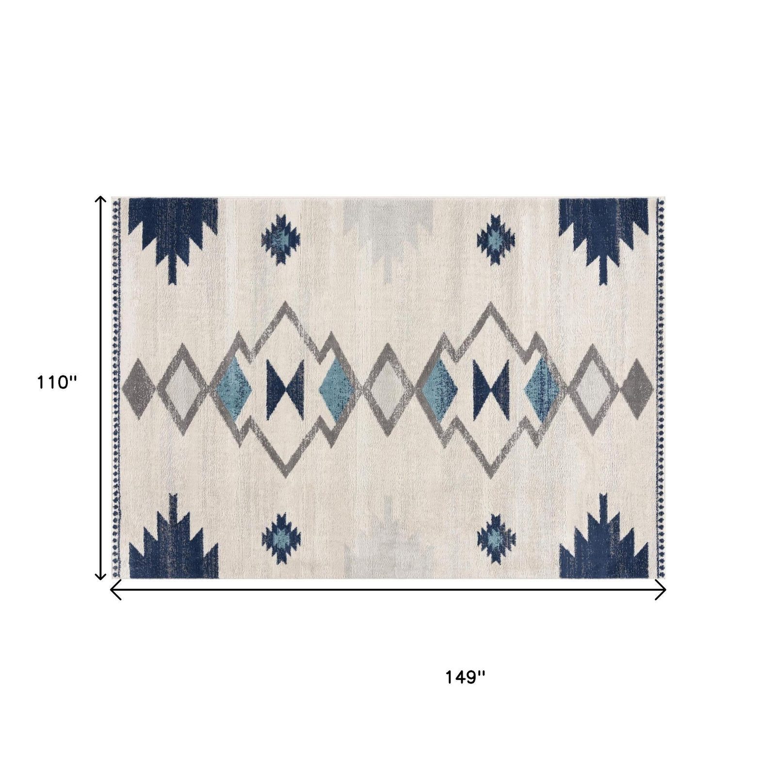 9′ X 13′ Blue And Ivory Southwestern Shag Area Rug