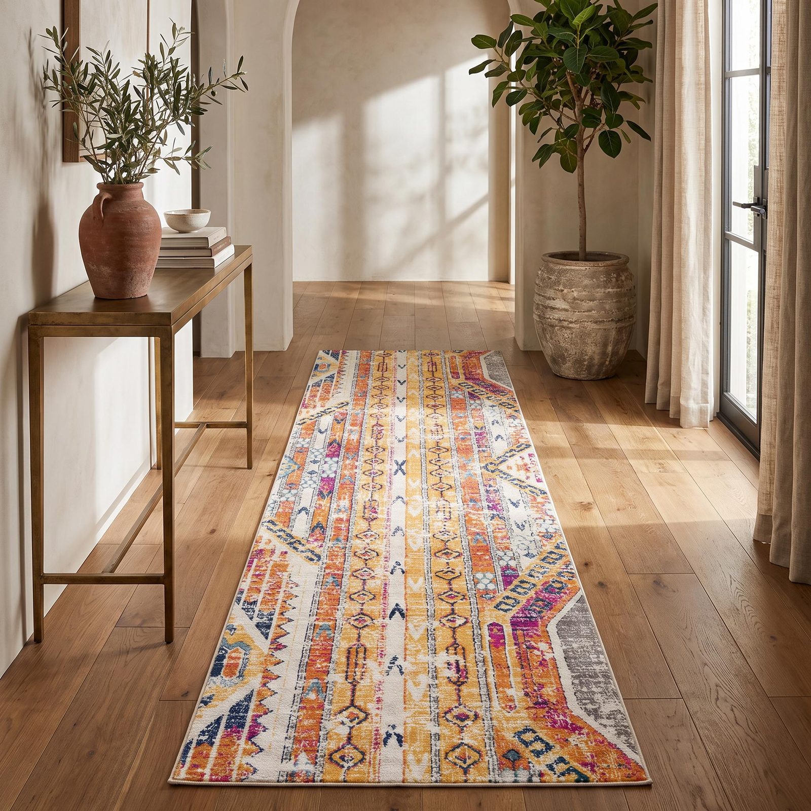 15′ Gold And Ivory Southwestern Runner Rug