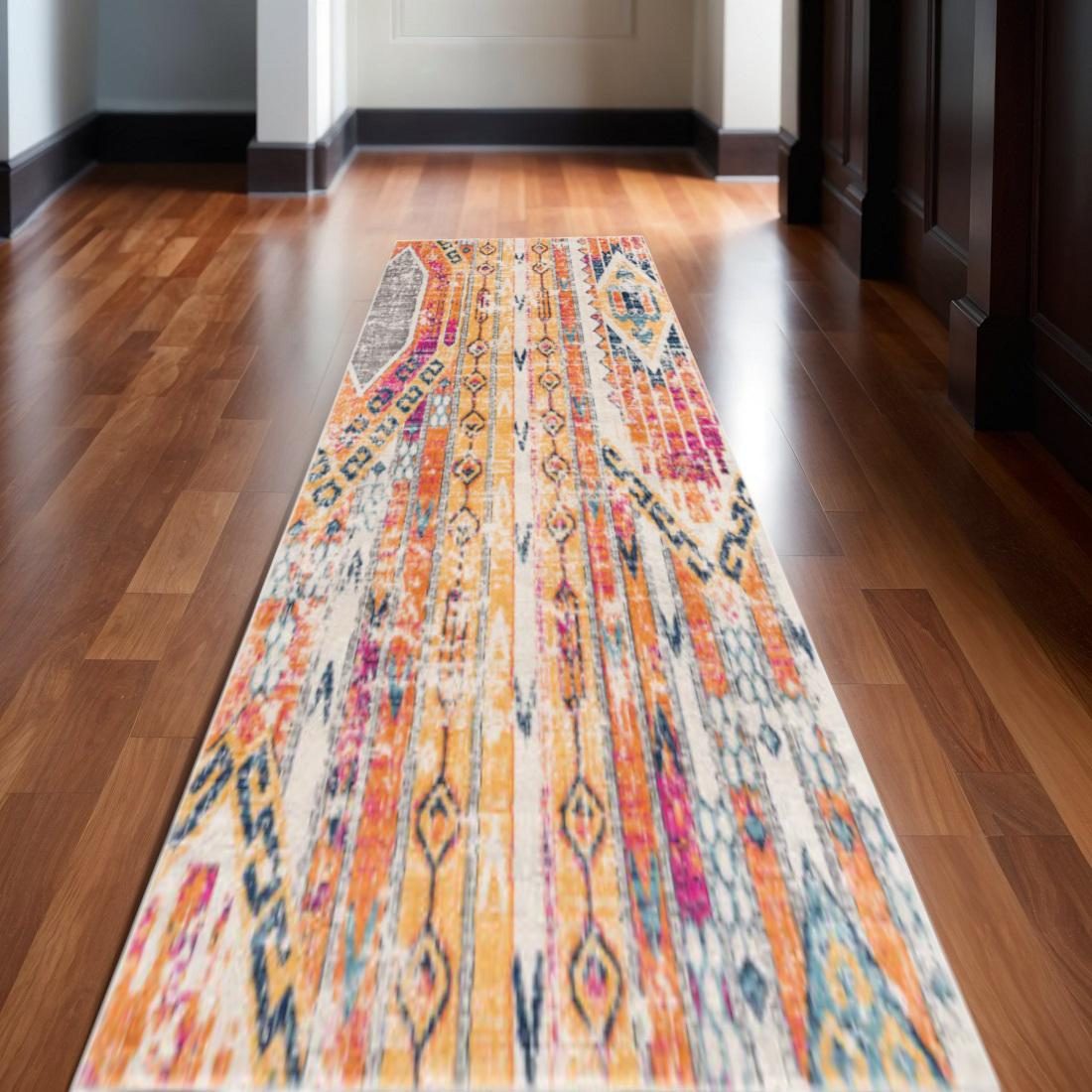 15′ Gold And Ivory Southwestern Runner Rug