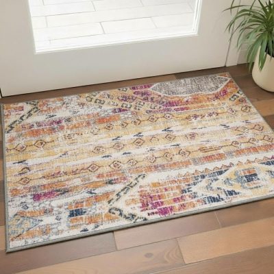 2′ × 4′ Gold and Ivory Southwestern Area Rug