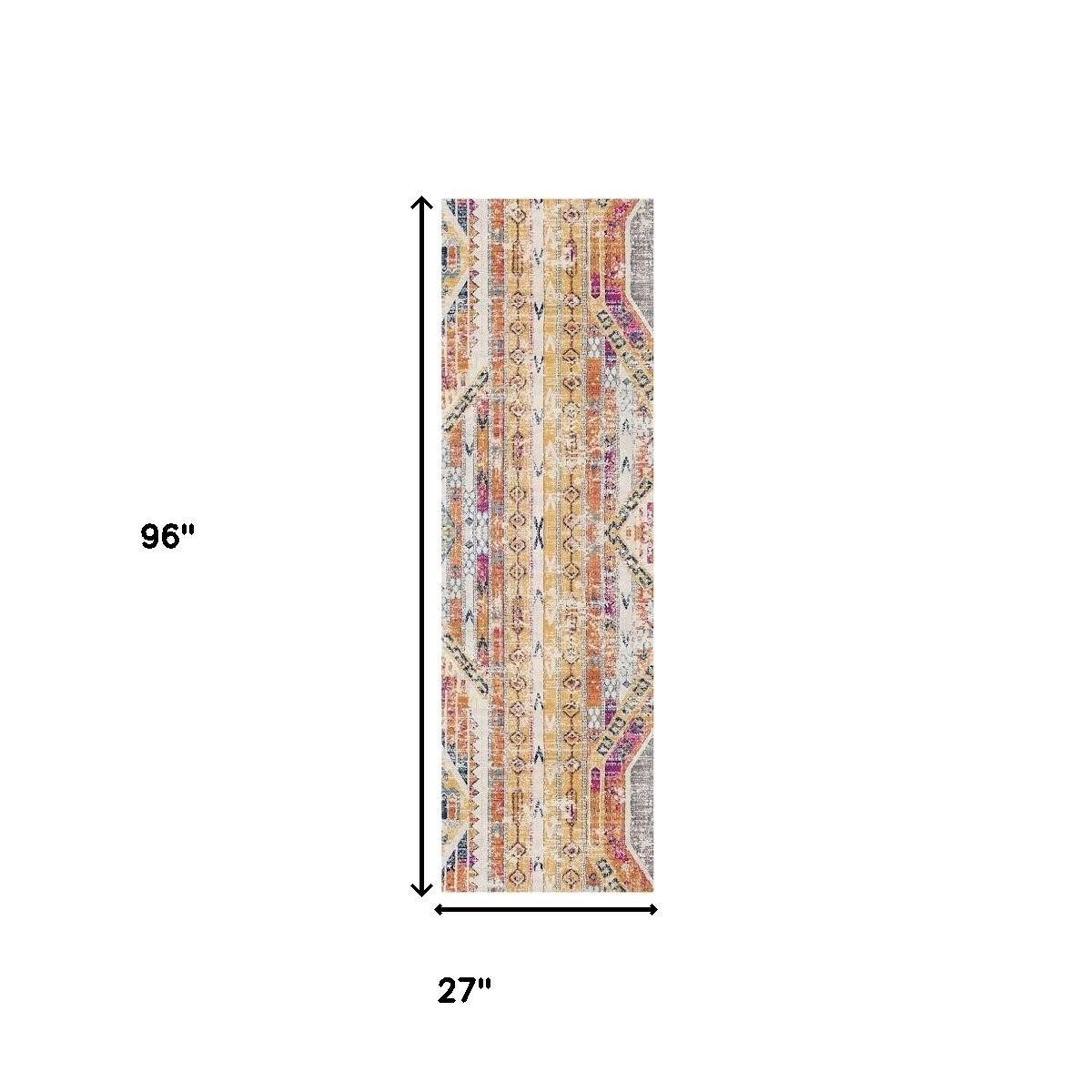 8′ Gold and Ivory Southwestern Runner Rug
