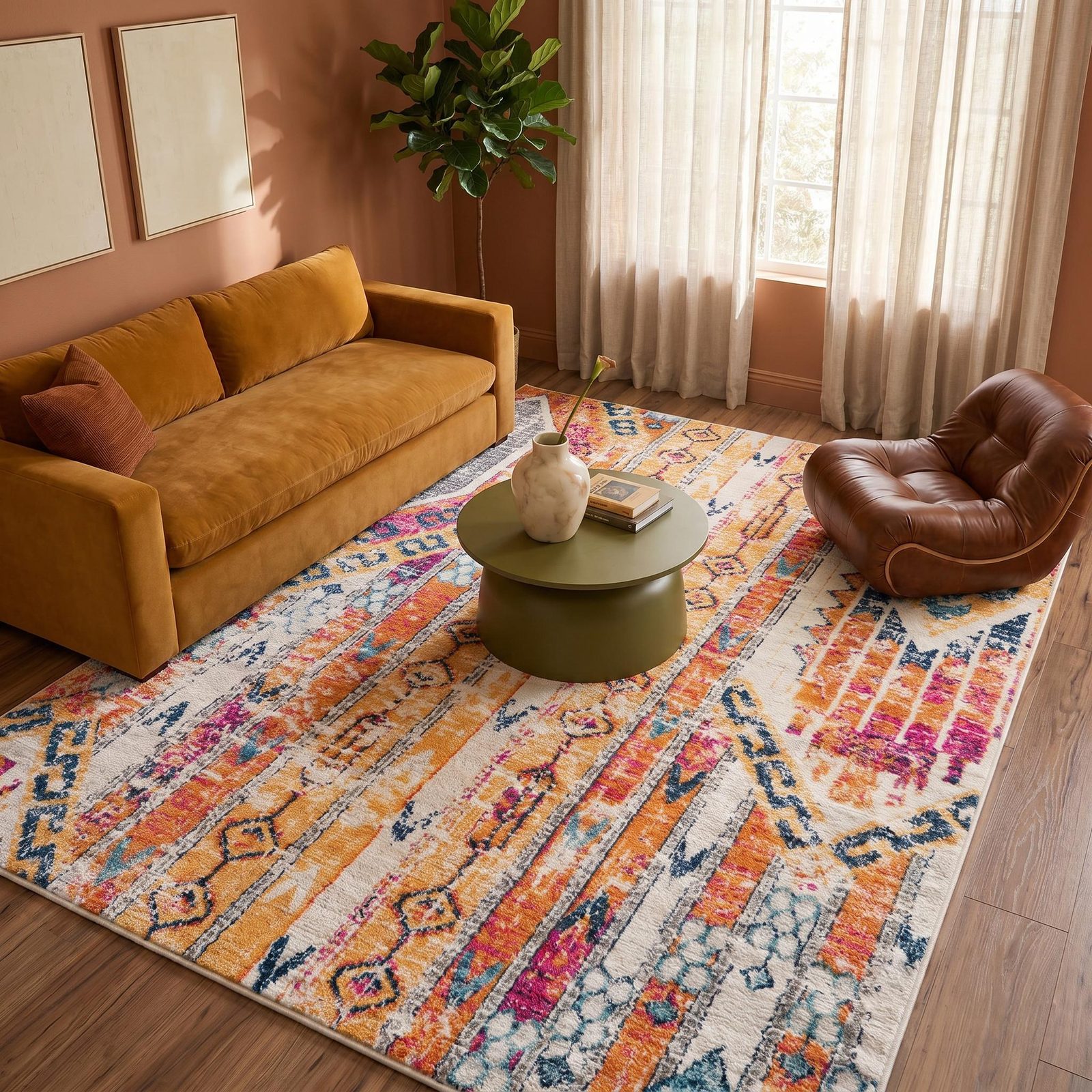 8′ X 10′ Gold and Ivory Southwestern Area Rug