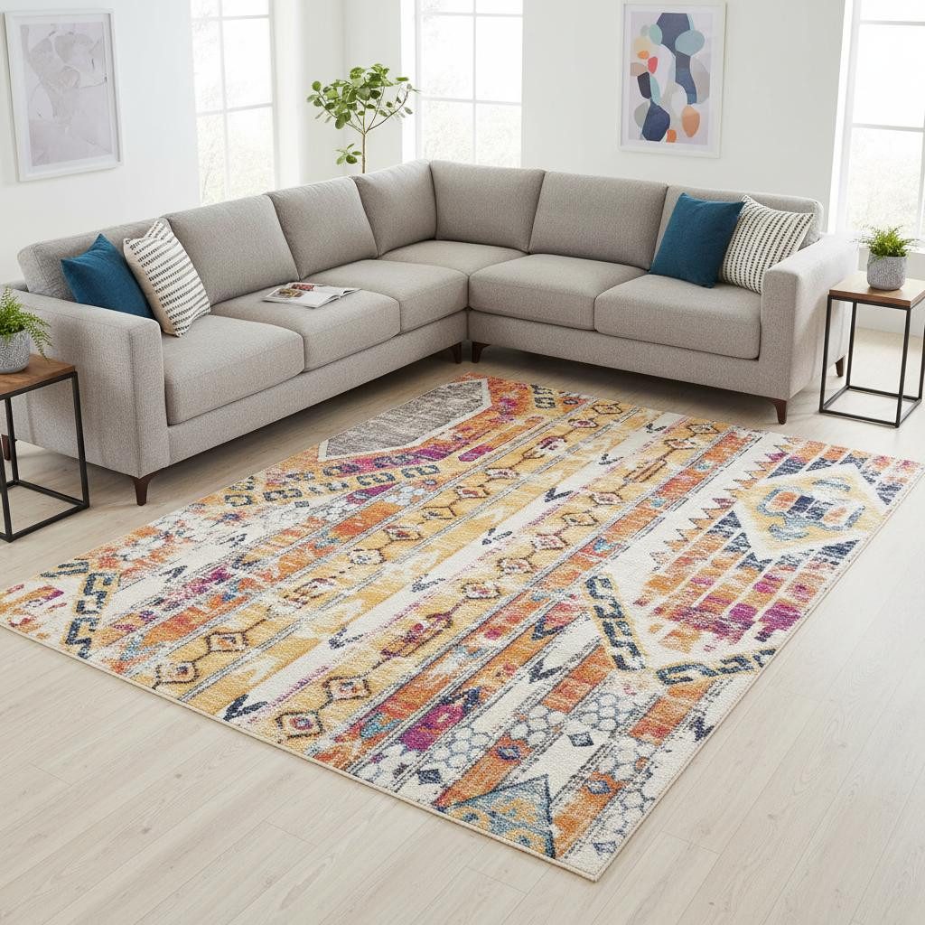 8′ X 10′ Gold and Ivory Southwestern Area Rug