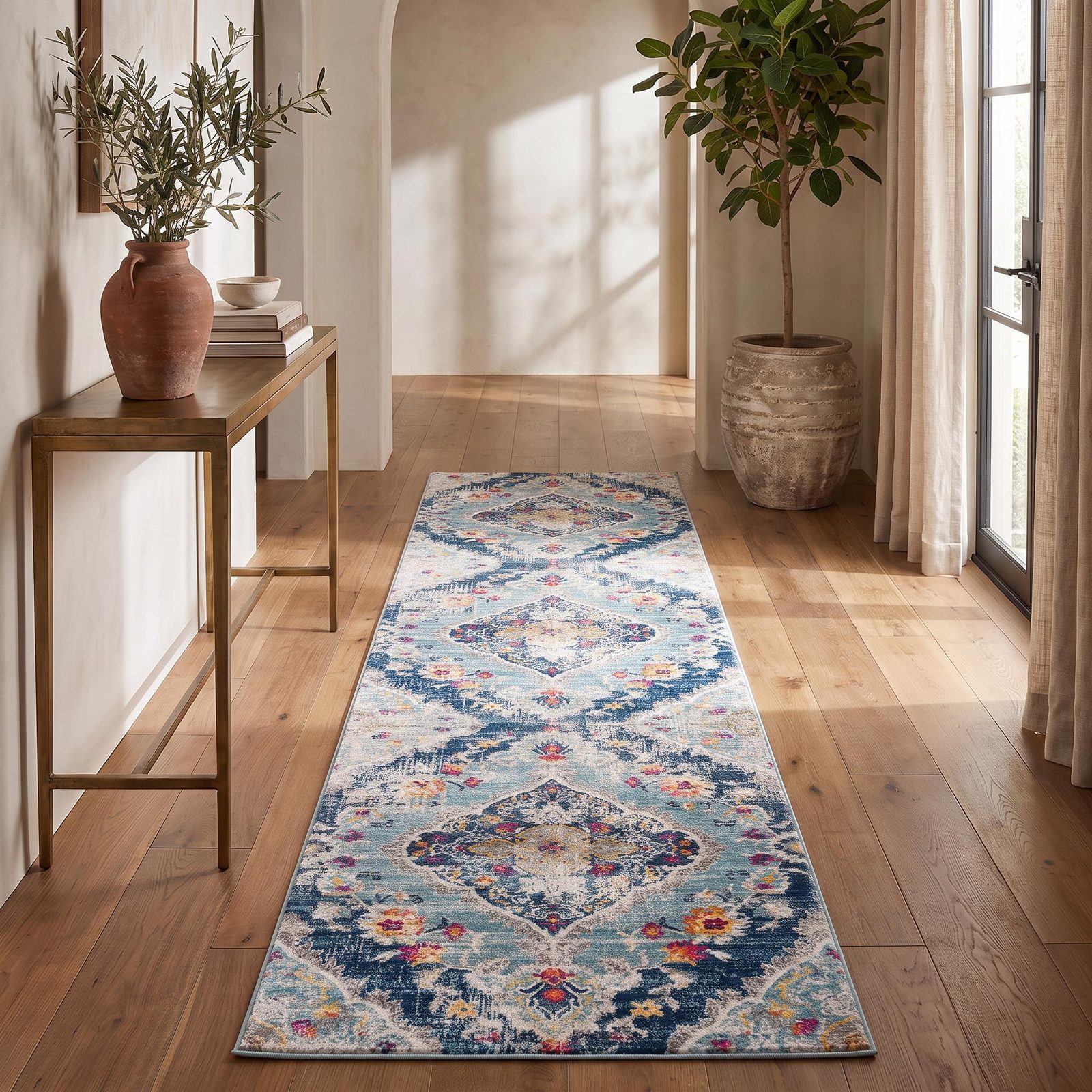 Blue and Ivory Polypropylene Medallion Area Rug, 13′ Runner