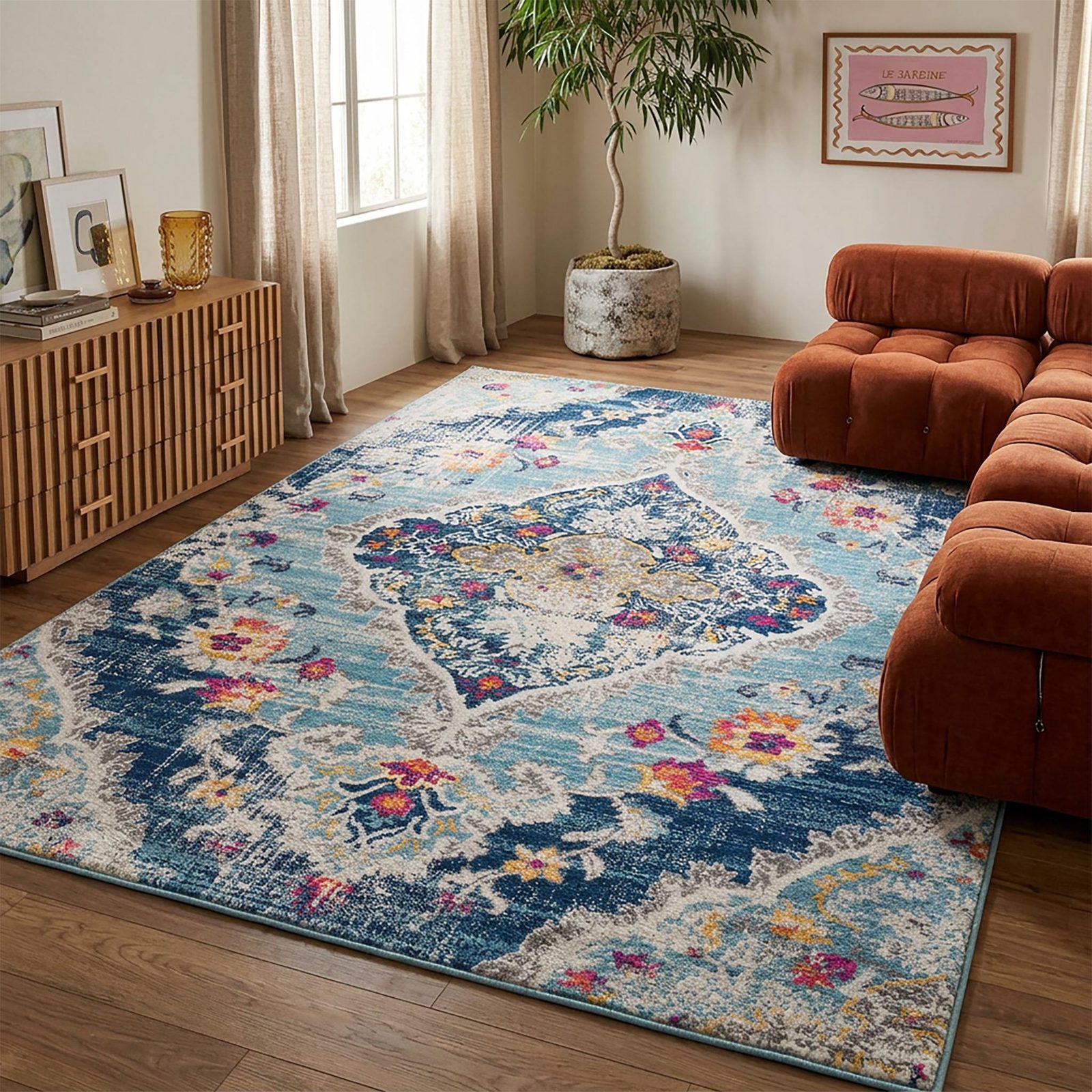 Blue and Ivory Polypropylene Medallion Area Rug, 4′ × 6′