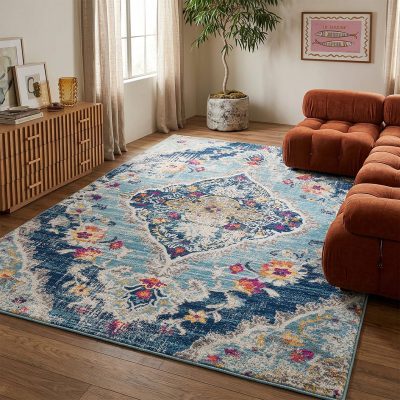 Blue and Ivory Polypropylene Medallion Area Rug