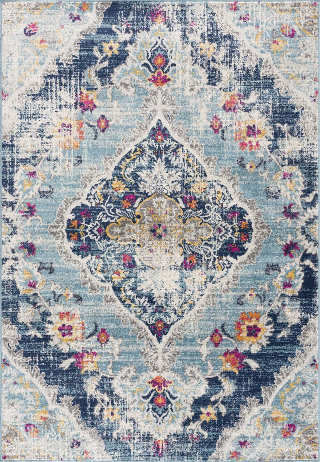 Blue and Ivory Polypropylene Medallion Area Rug