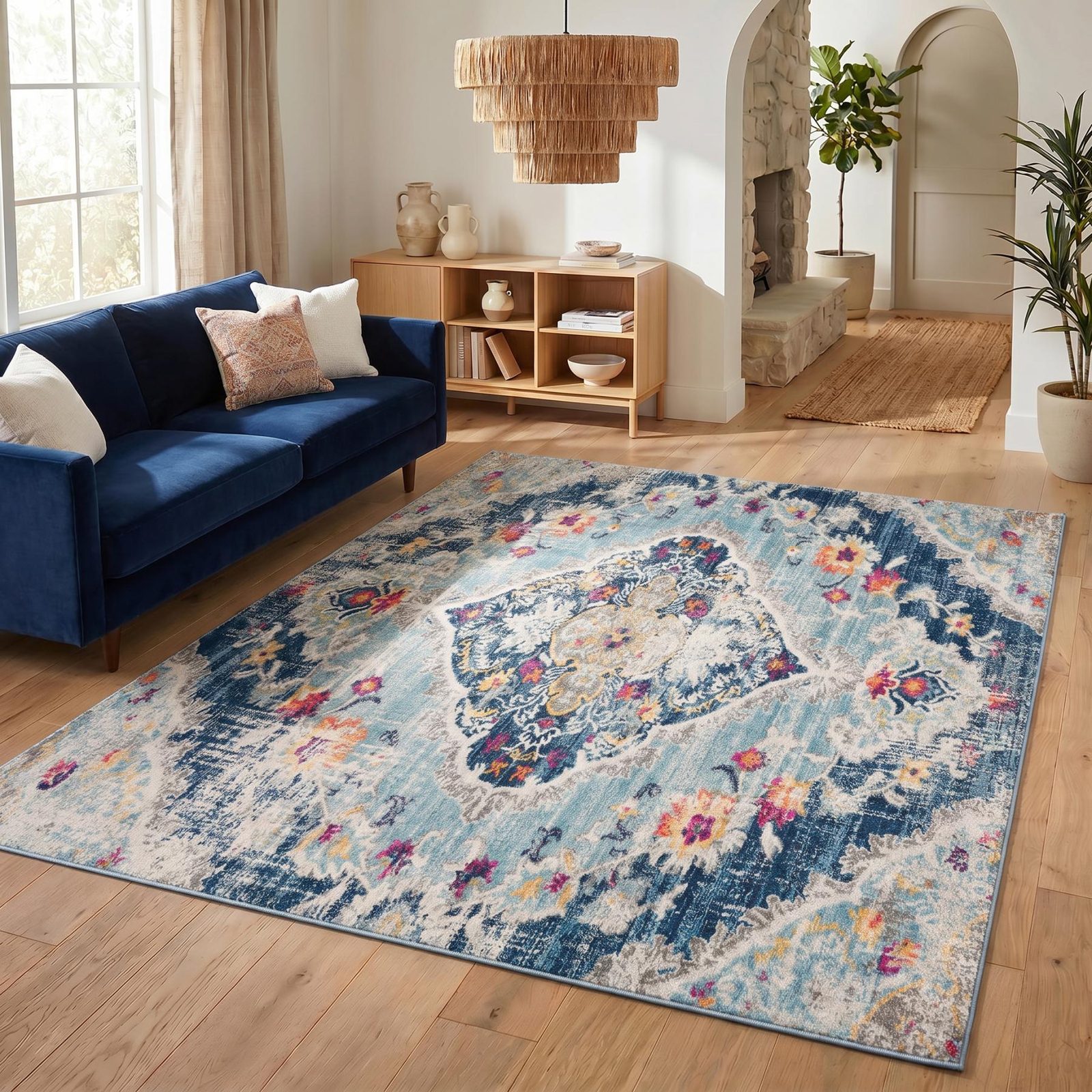 Blue and Ivory Polypropylene Medallion Area Rug