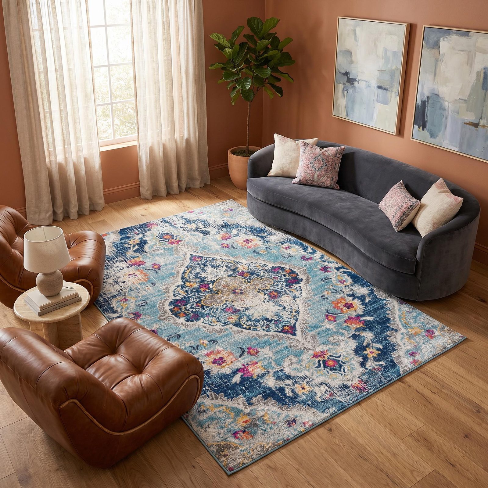 Blue and Ivory Polypropylene Medallion Area Rug
