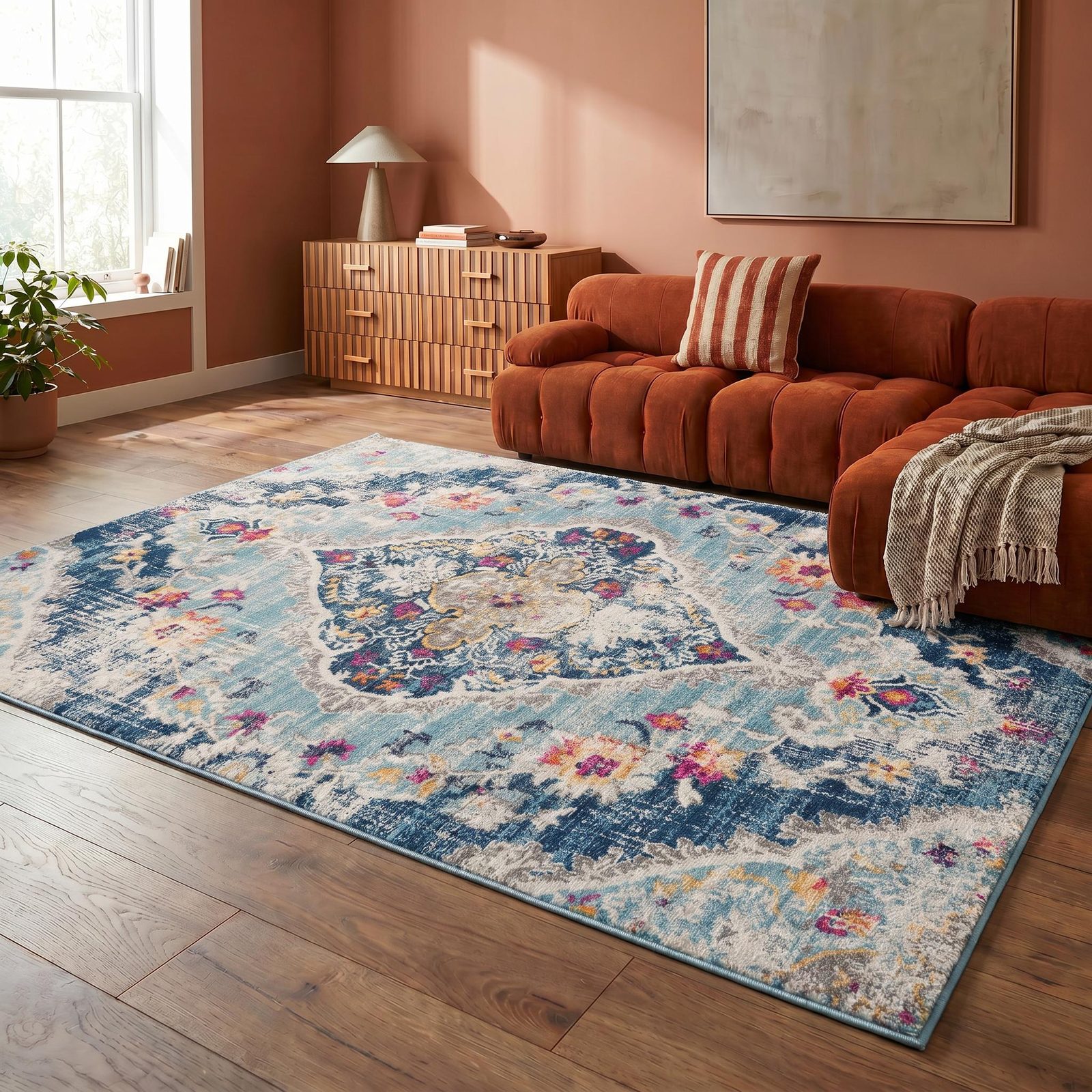 Blue and Ivory Polypropylene Medallion Area Rug