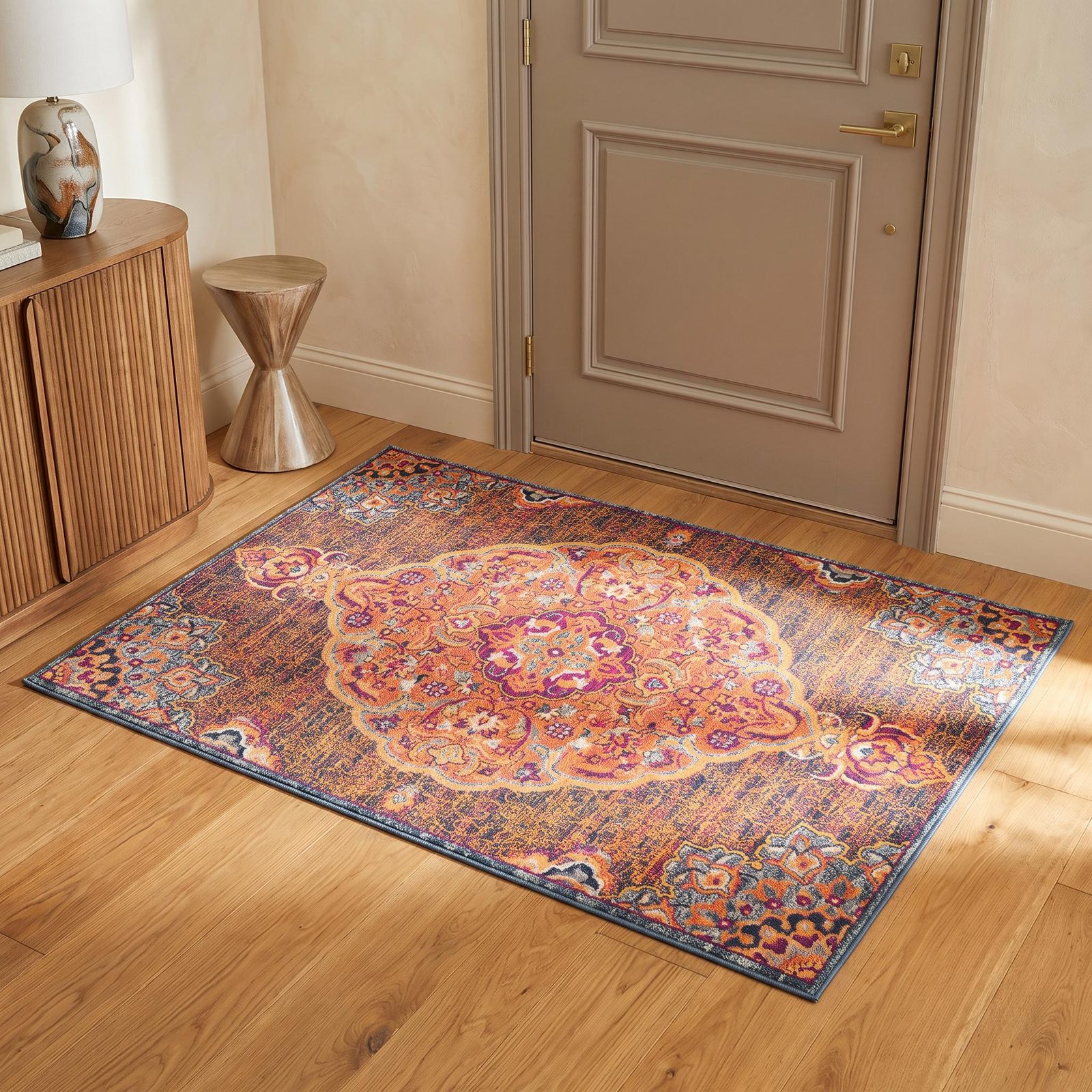 Rustic Orange Medallion Area Rug, 2′ × 5′