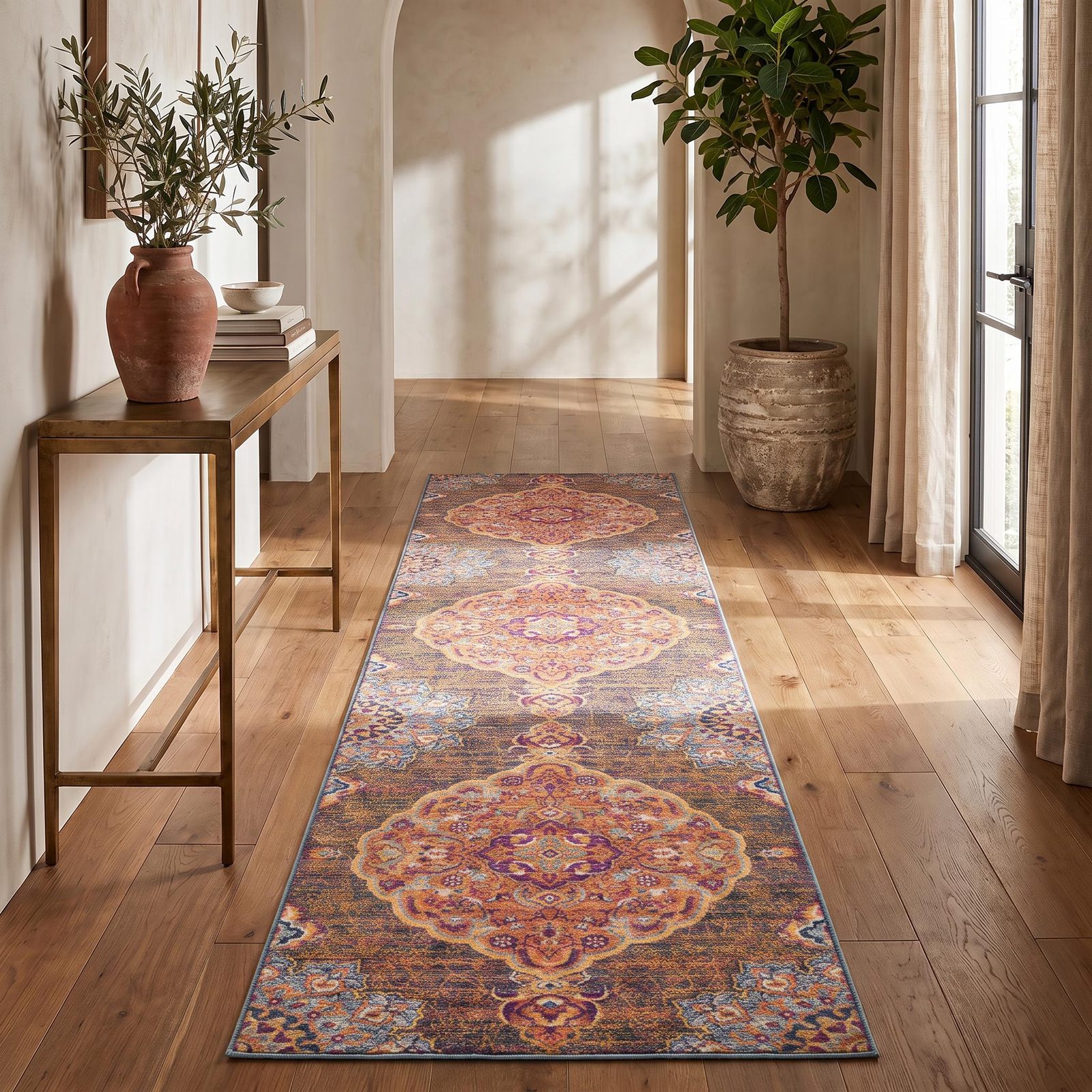 Rustic Orange Medallion Area Rug, 8′ Runner