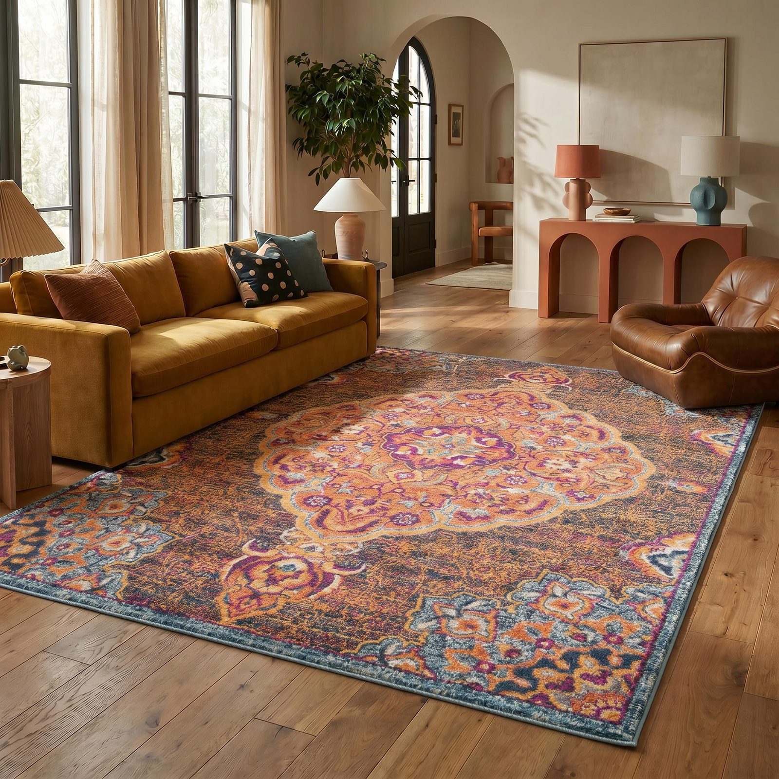 Rustic Orange Medallion Area Rug