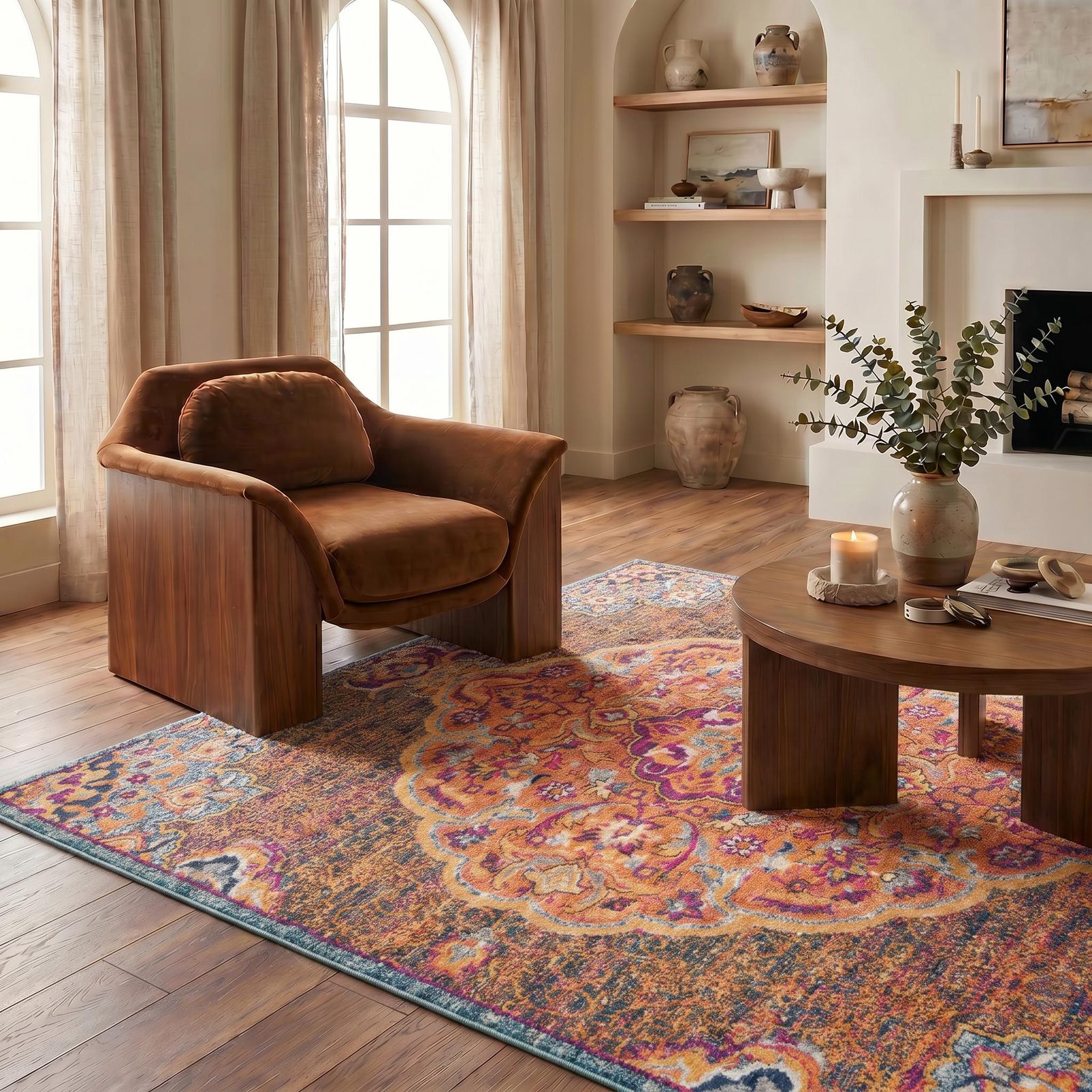 Rustic Orange Medallion Area Rug