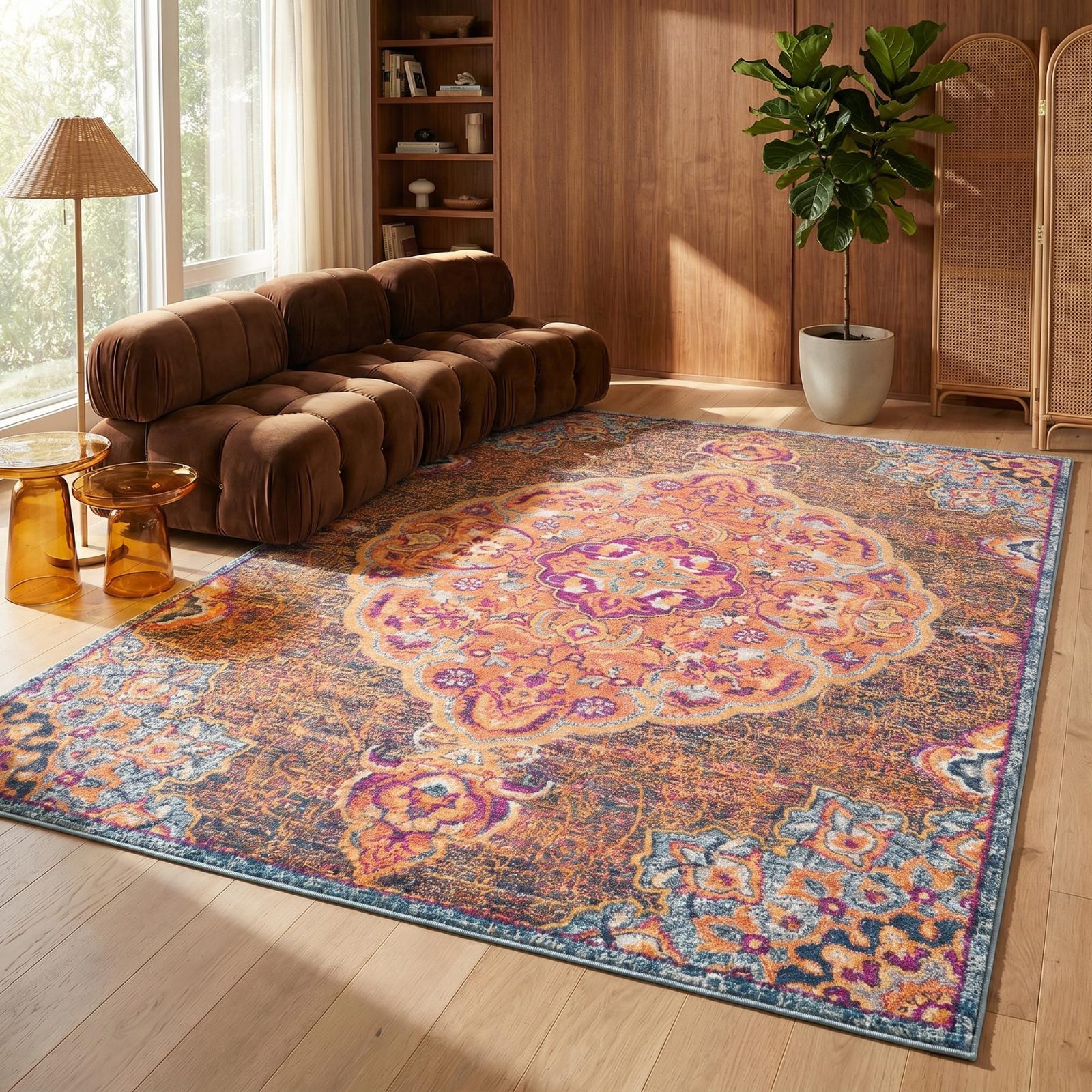 Rustic Orange Medallion Area Rug