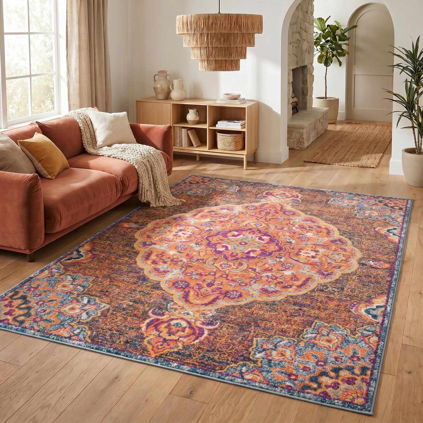 Rustic Orange Medallion Area Rug, 8′ × 11′