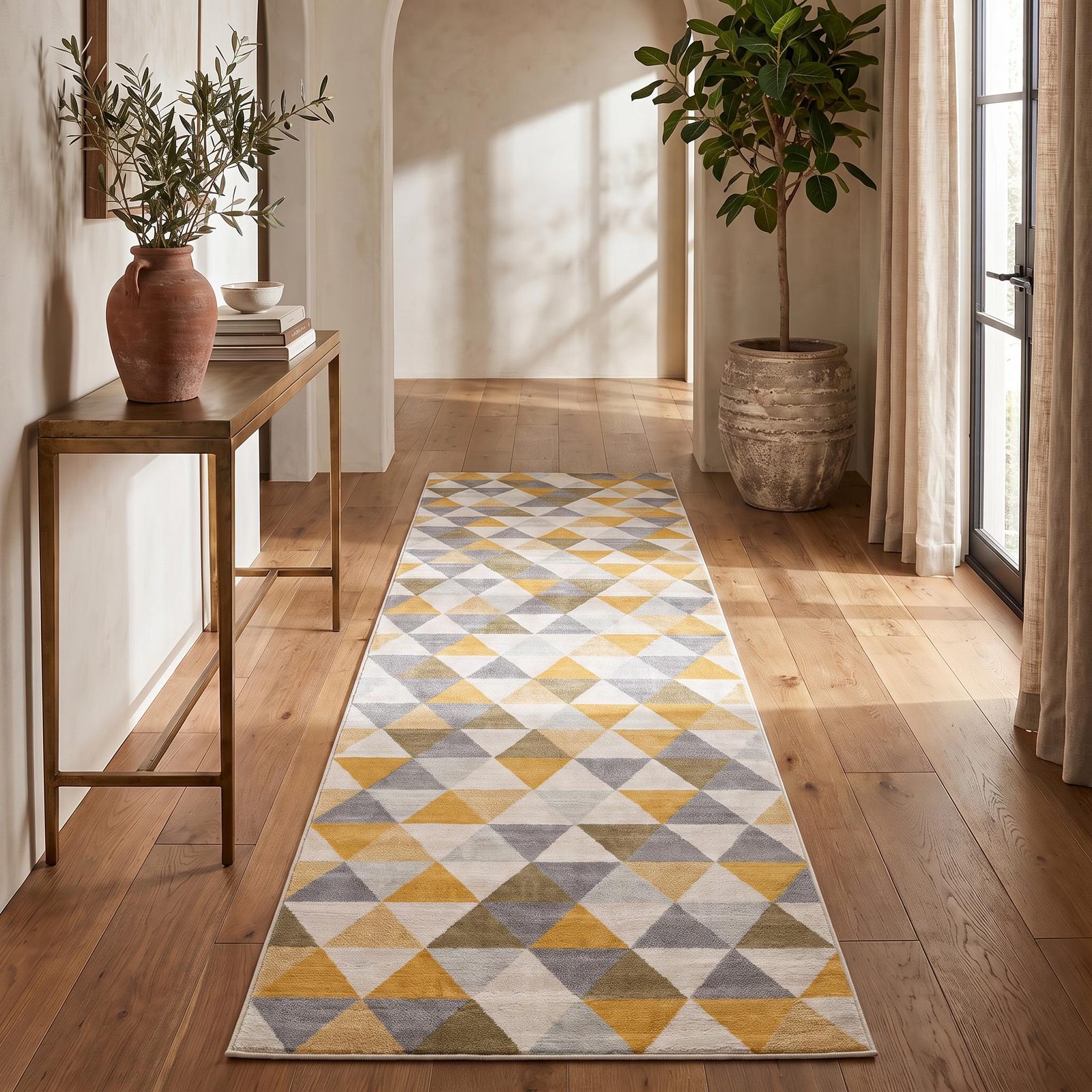 13′ Yellow and Ivory Geometric Runner Rug