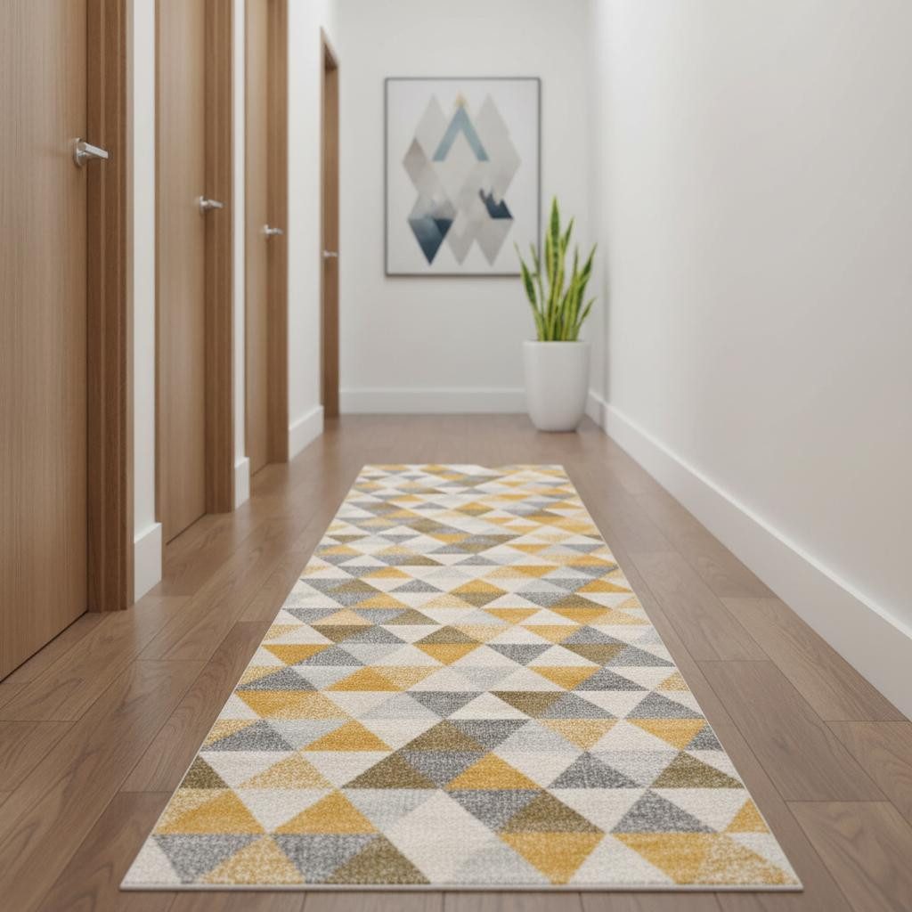 15′ Yellow And Ivory Geometric Runner Rug