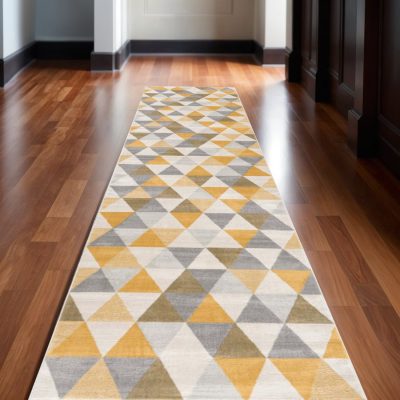 20′ Yellow and Ivory Geometric Runner Rug