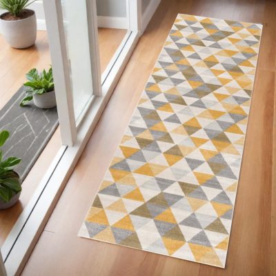 6′ Yellow and Ivory Geometric Runner Rug