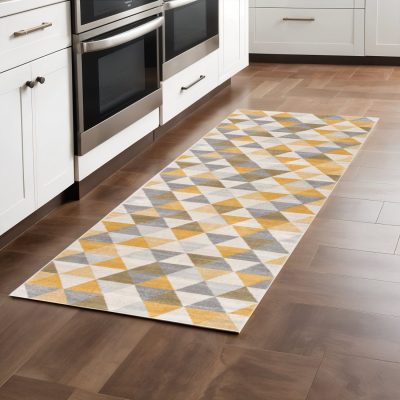 8′ Yellow and Ivory Geometric Runner Rug