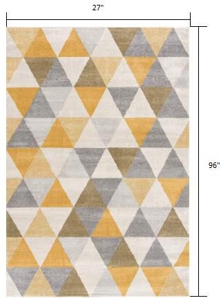8′ Yellow and Ivory Geometric Runner Rug