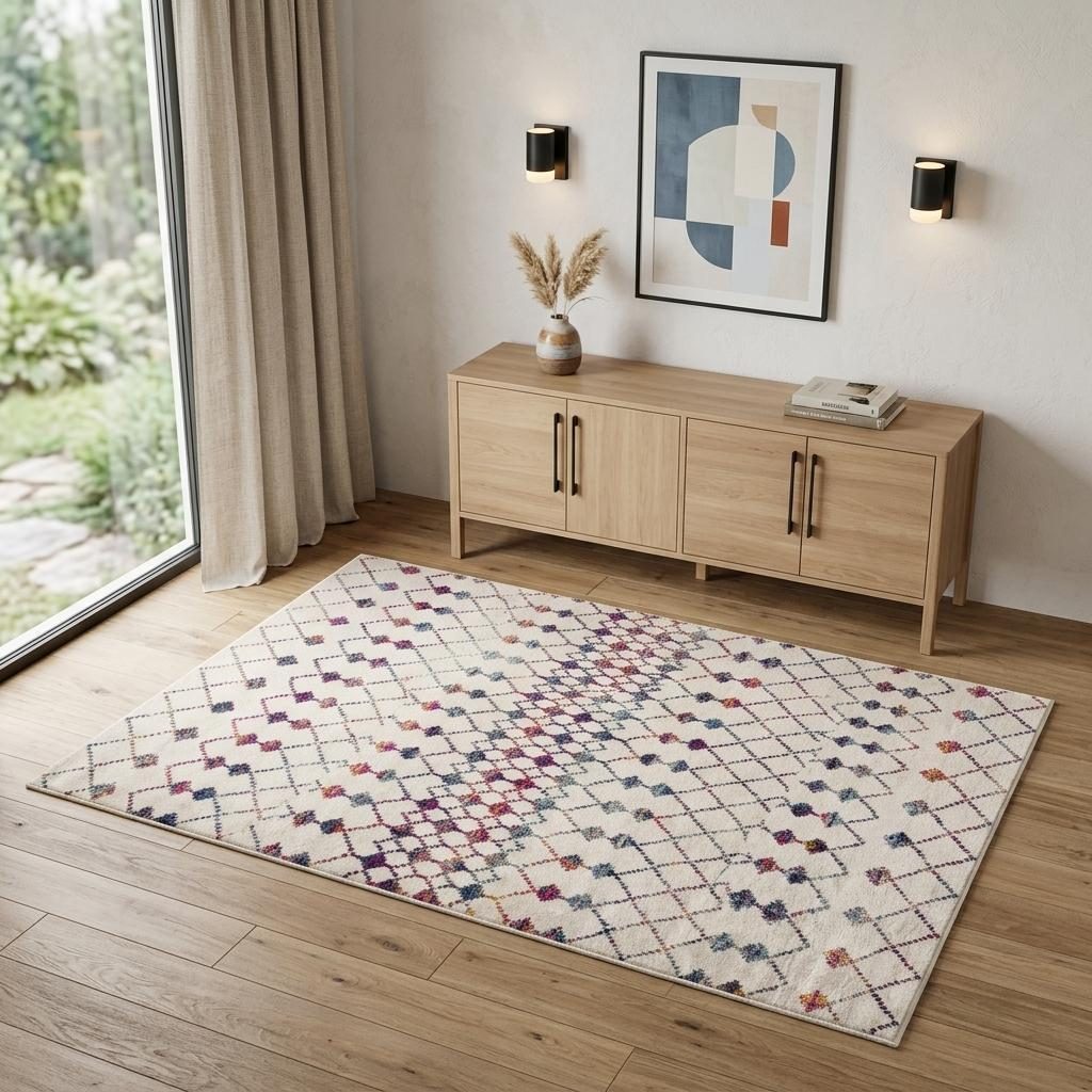 4′ X 6′ White Modern Geometric Grid Area Rug