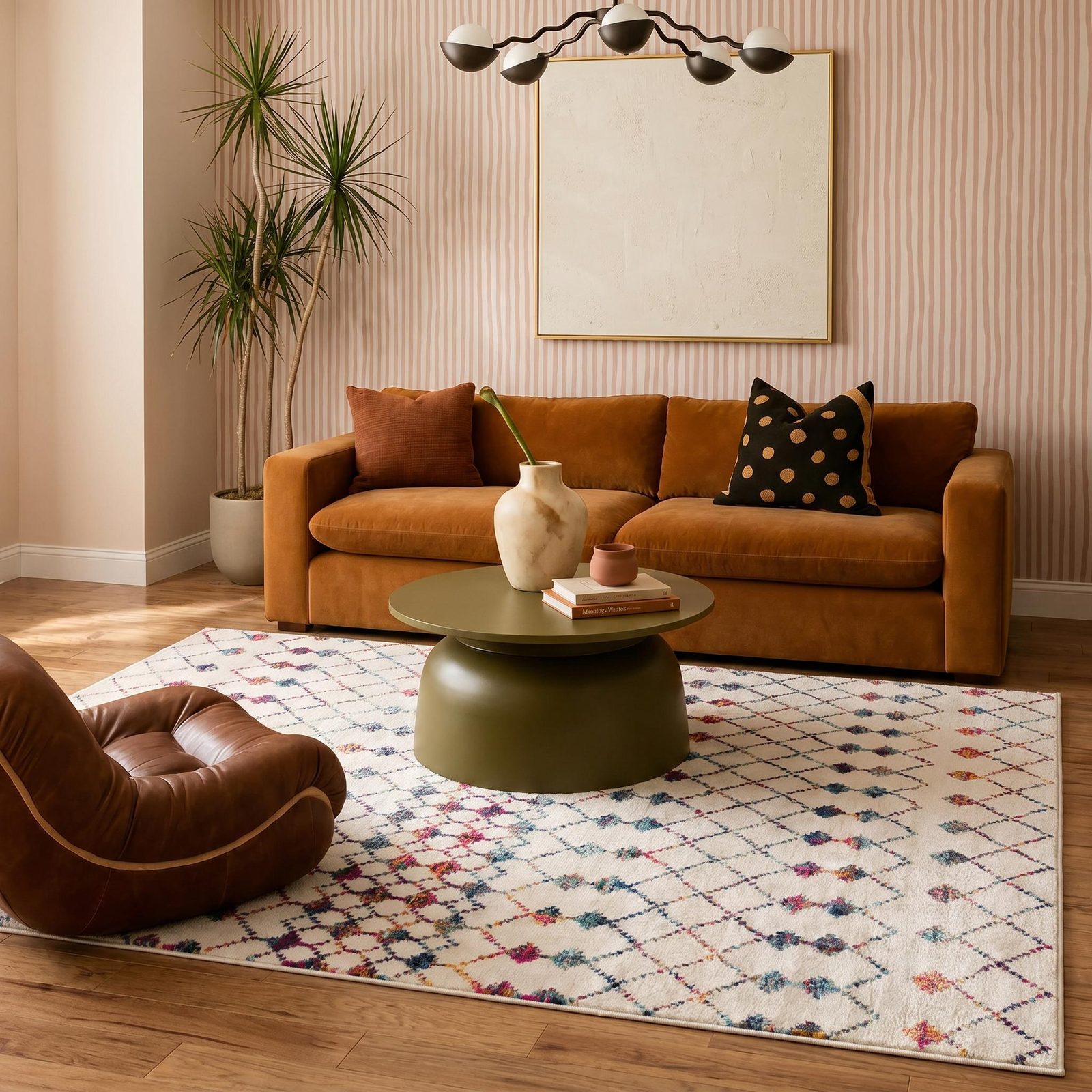 5′ X 8′ White Geometric Grid Area Rug