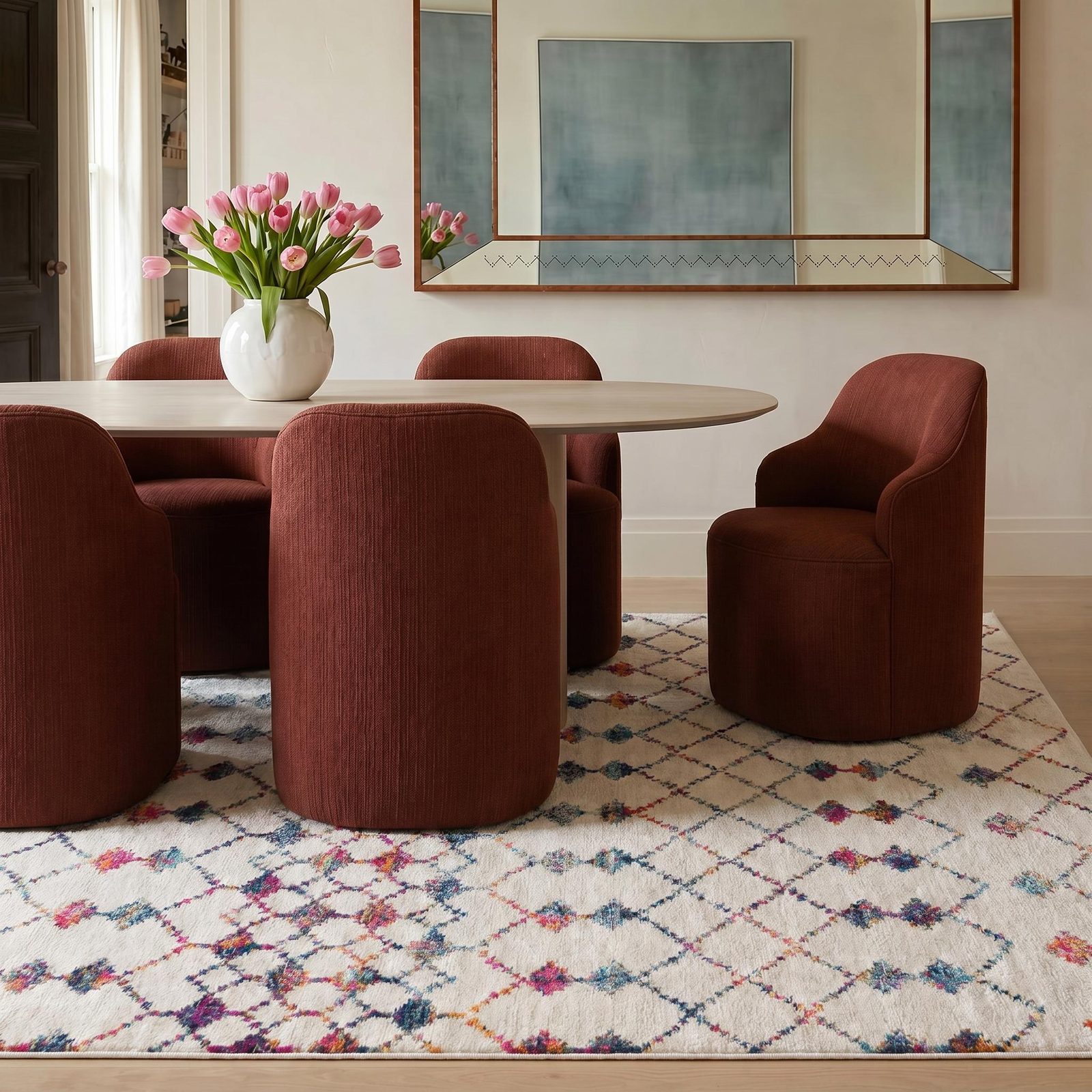 5′ X 8′ White Geometric Grid Area Rug