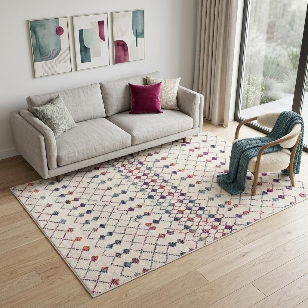 5′ X 8′ White Geometric Grid Area Rug