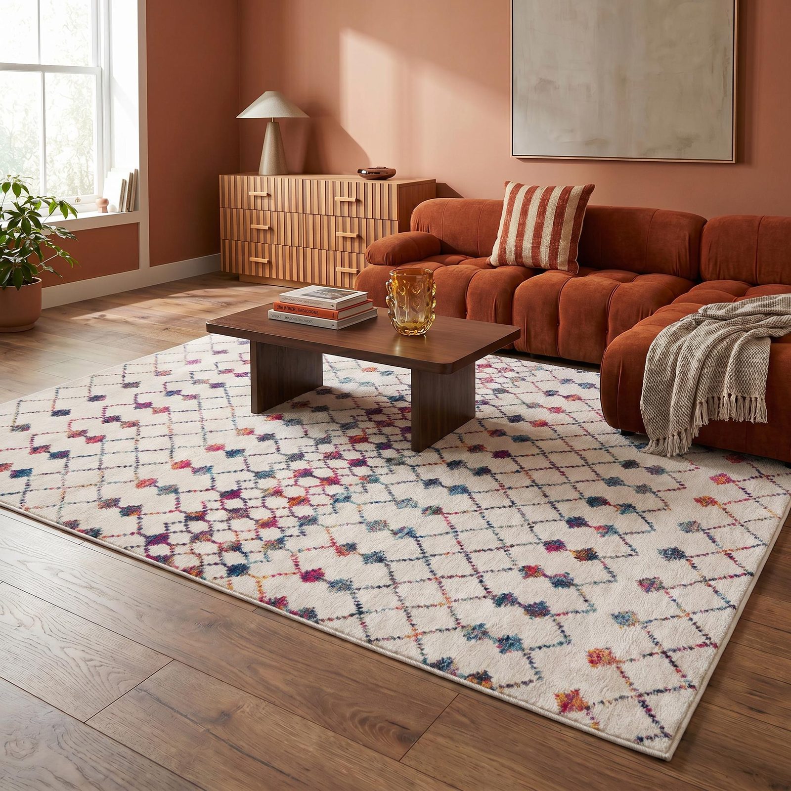 7′ X 10′ White Modern Geometric Grid Area Rug