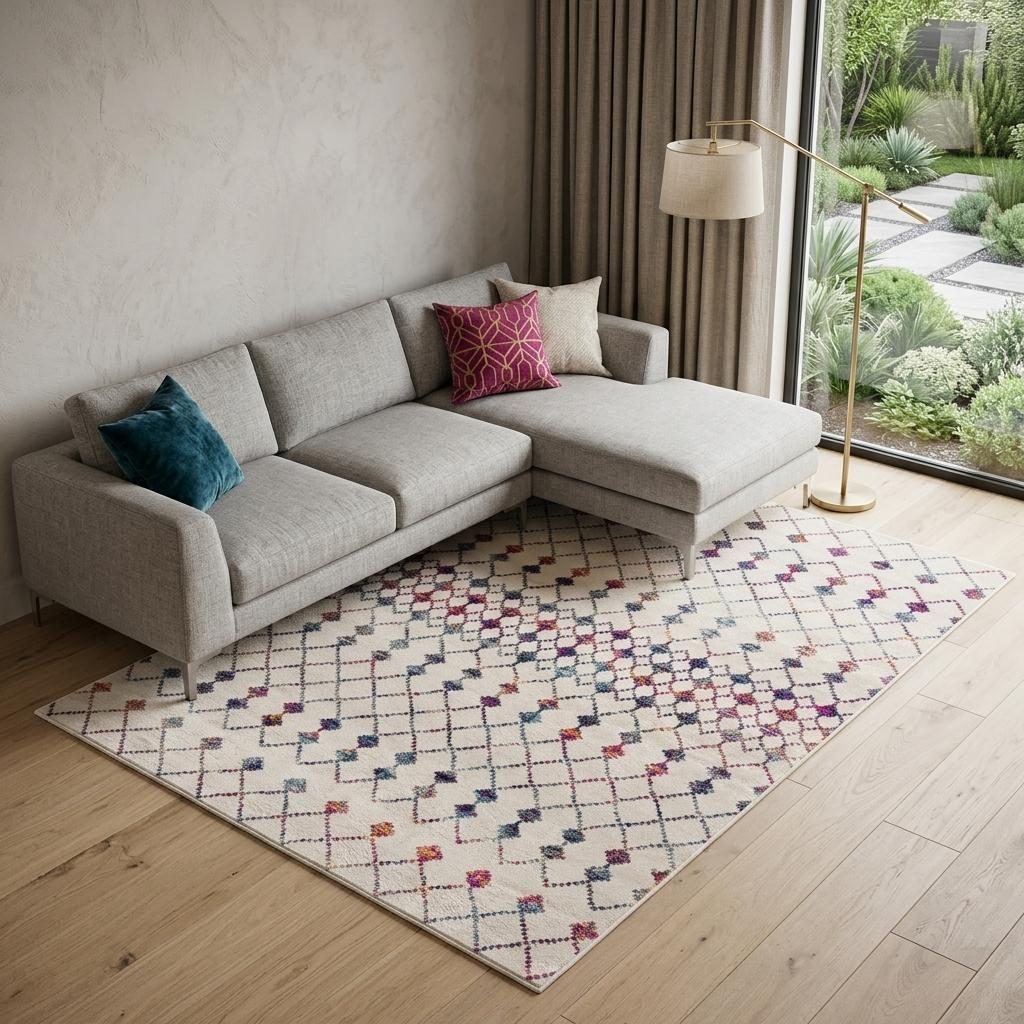 7′ X 10′ White Modern Geometric Grid Area Rug